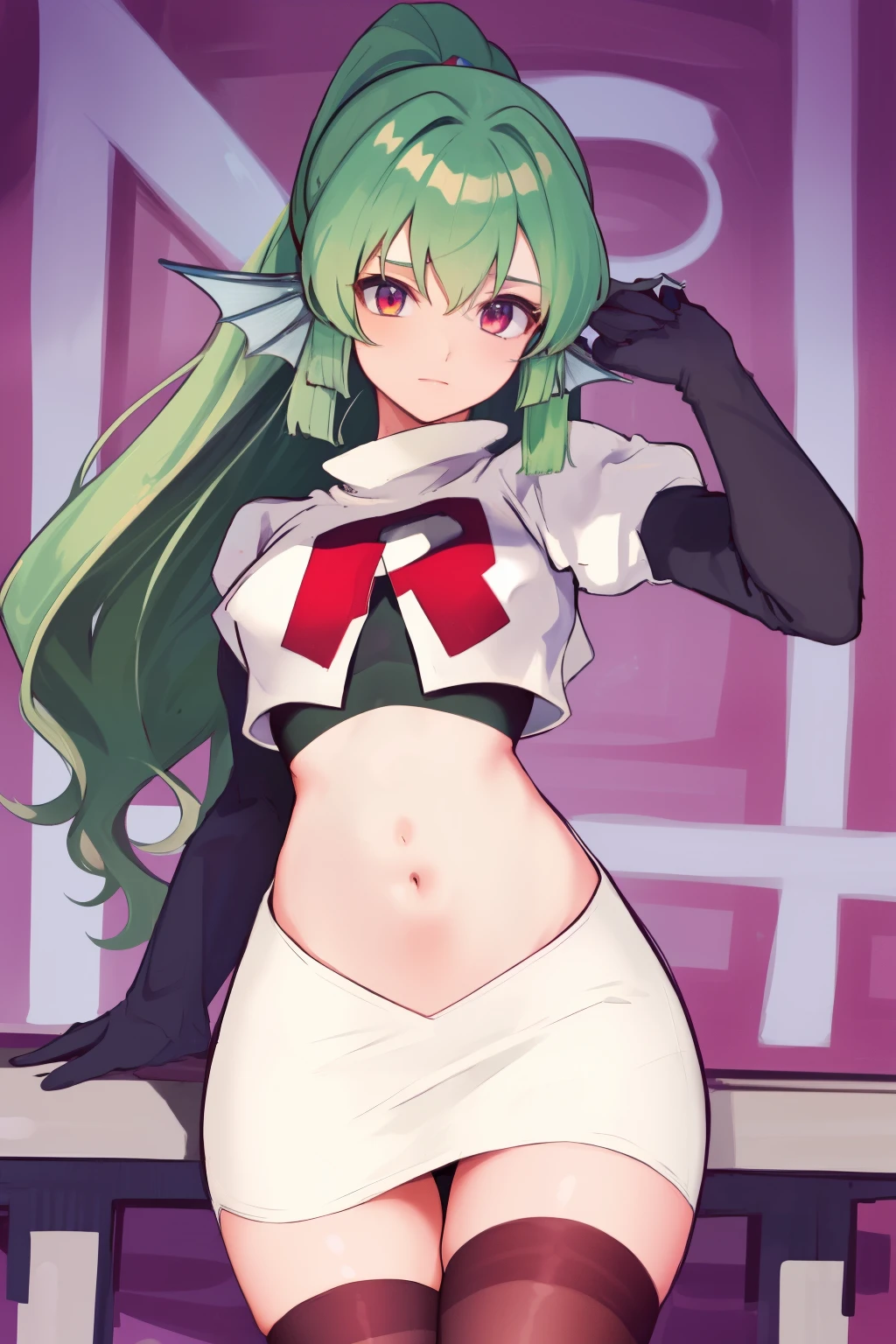 masterpiece, detailed, high quality, absurdres, finana, 1girl, solo, head fins, ponytail, green hair, navel, long hair, looking at viewer, cowboy shot, hair ornament, medium breasts, bangs, team rocket,team rocket uniform, red letter R, white skirt,white crop top,black thigh-highs, black elbow gloves,