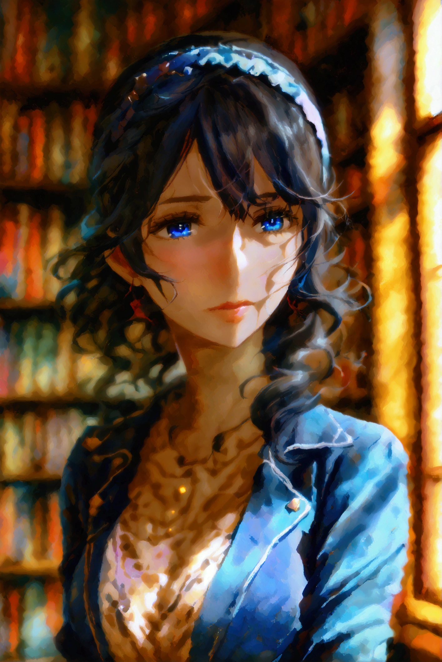 Character: Sagisawa Fumika (black hair, hair band, blue shirt, big blue eyes), mature female body; background: library