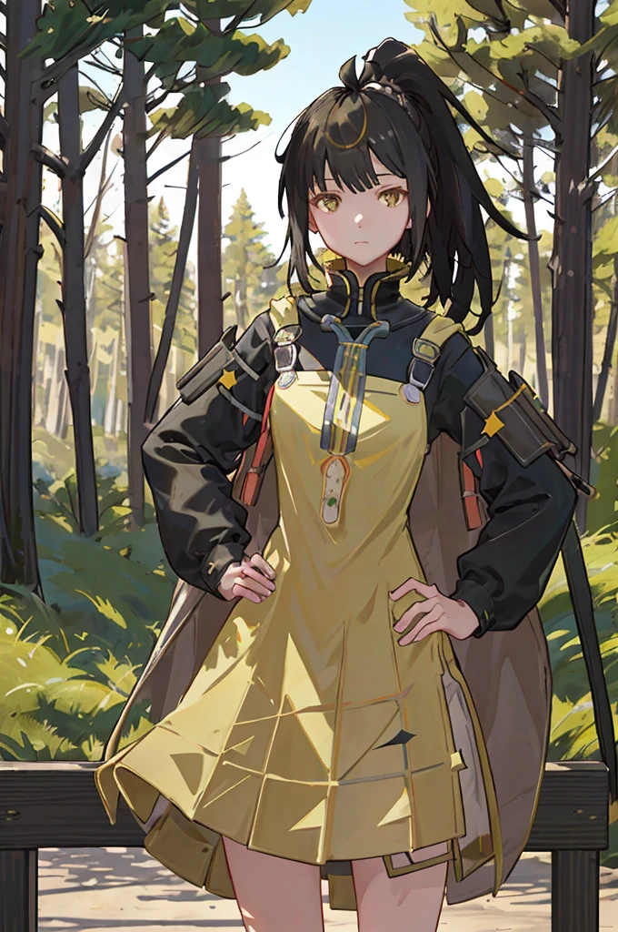 POV, cowboy_shot, SIRIS, christmas dress, hand_on_hip, black_hair, ponytail, ahoge, yellow_eyes, 1girl, solo, standing, looking at viewer, afternooners, forest,pine, dappled_sunlight, (masterpiece,best quality,beautiful and aesthetic:1.2), 