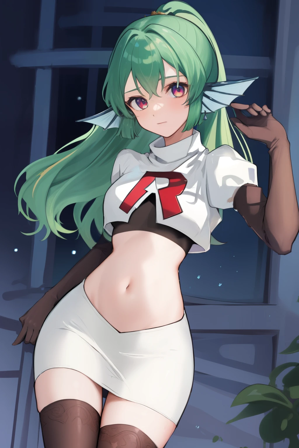 masterpiece, detailed, high quality, absurdres, finana, 1girl, solo, head fins, ponytail, green hair, navel, long hair, looking at viewer, cowboy shot, hair ornament, medium breasts, bangs, team rocket,team rocket uniform, red letter R, white skirt,white crop top,black thigh-highs, black elbow gloves,