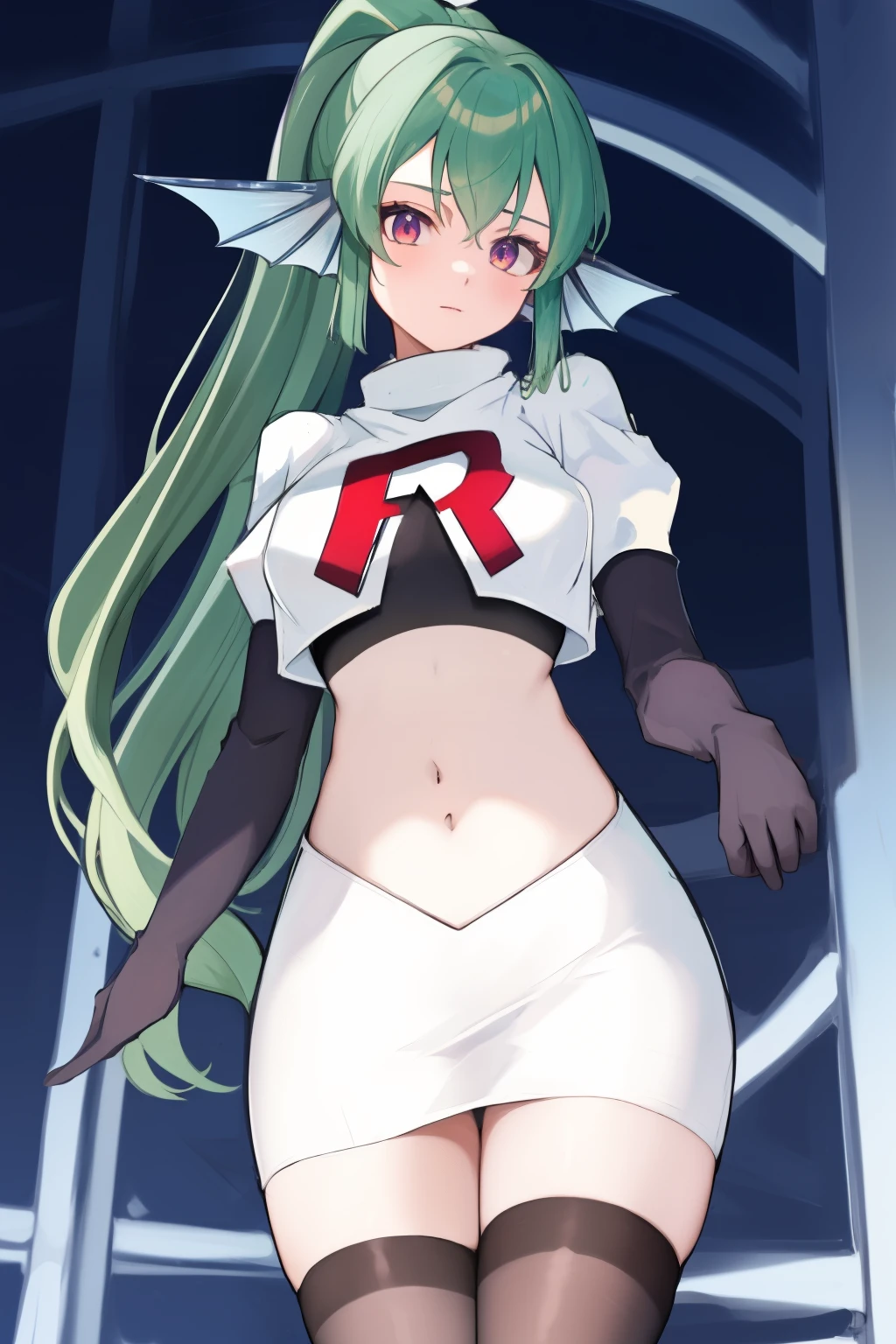 masterpiece, detailed, high quality, absurdres, finana, 1girl, solo, head fins, ponytail, green hair, navel, long hair, looking at viewer, cowboy shot, hair ornament, medium breasts, bangs, team rocket,team rocket uniform, red letter R, white skirt,white crop top,black thigh-highs, black elbow gloves,