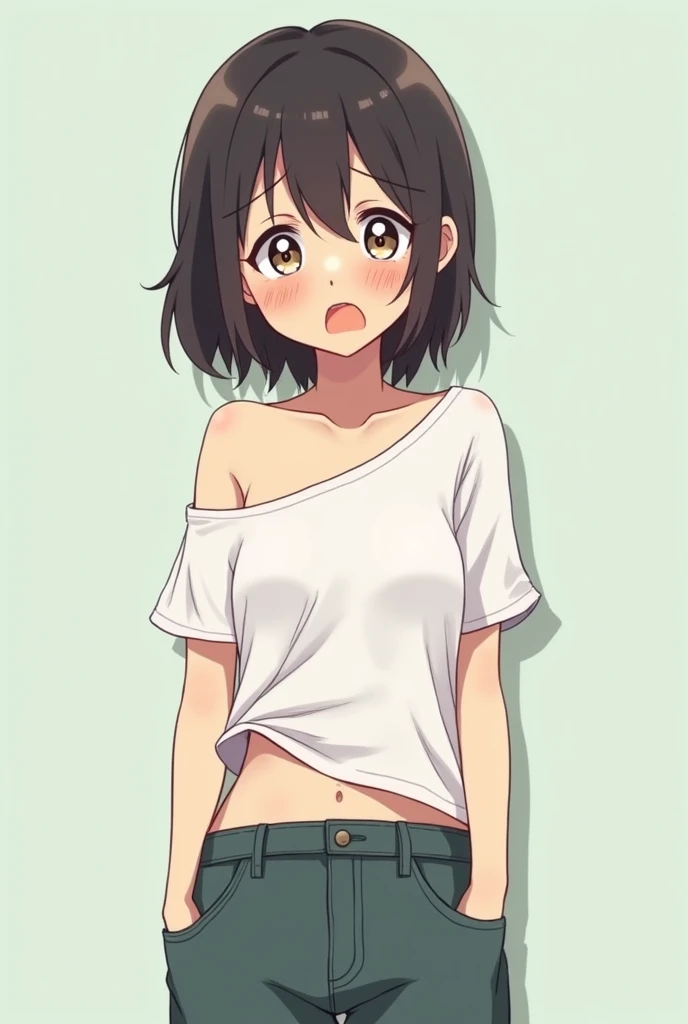 superflat, flat shading, flat colors, white background, 1girl, little, lolis, 10yo, twin tails, orange t-shirt, (pulling down t-shirt), bottomless, hide panties, embarassed, blush, sketchy, lwsh, watercolor