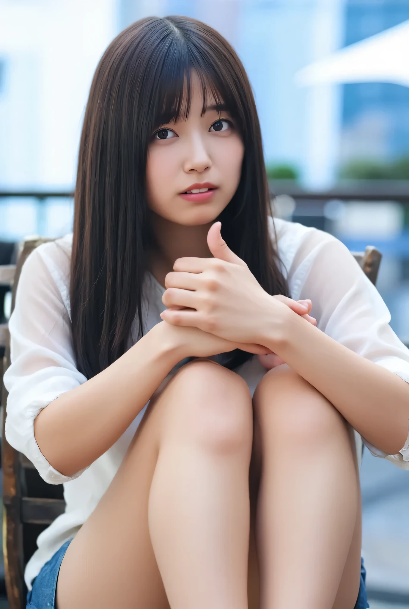 A high resolution photograph of a young Japanese woman, intricate details, professional lighting, sharp focus, solo, 1girl, posing for gravure photography, (full frontal, completely nude, naked, sitting on the chair with knees together, covering own nipples with both hands:1.4), slender body, fair skin, detailed face, detailed eyes, sophisticated nose, after sex, ashamed, lewdlook, (perfect hand, perfect anatomy, correct anatomy), outdoors, open cafe, terrace seats, blue sky,