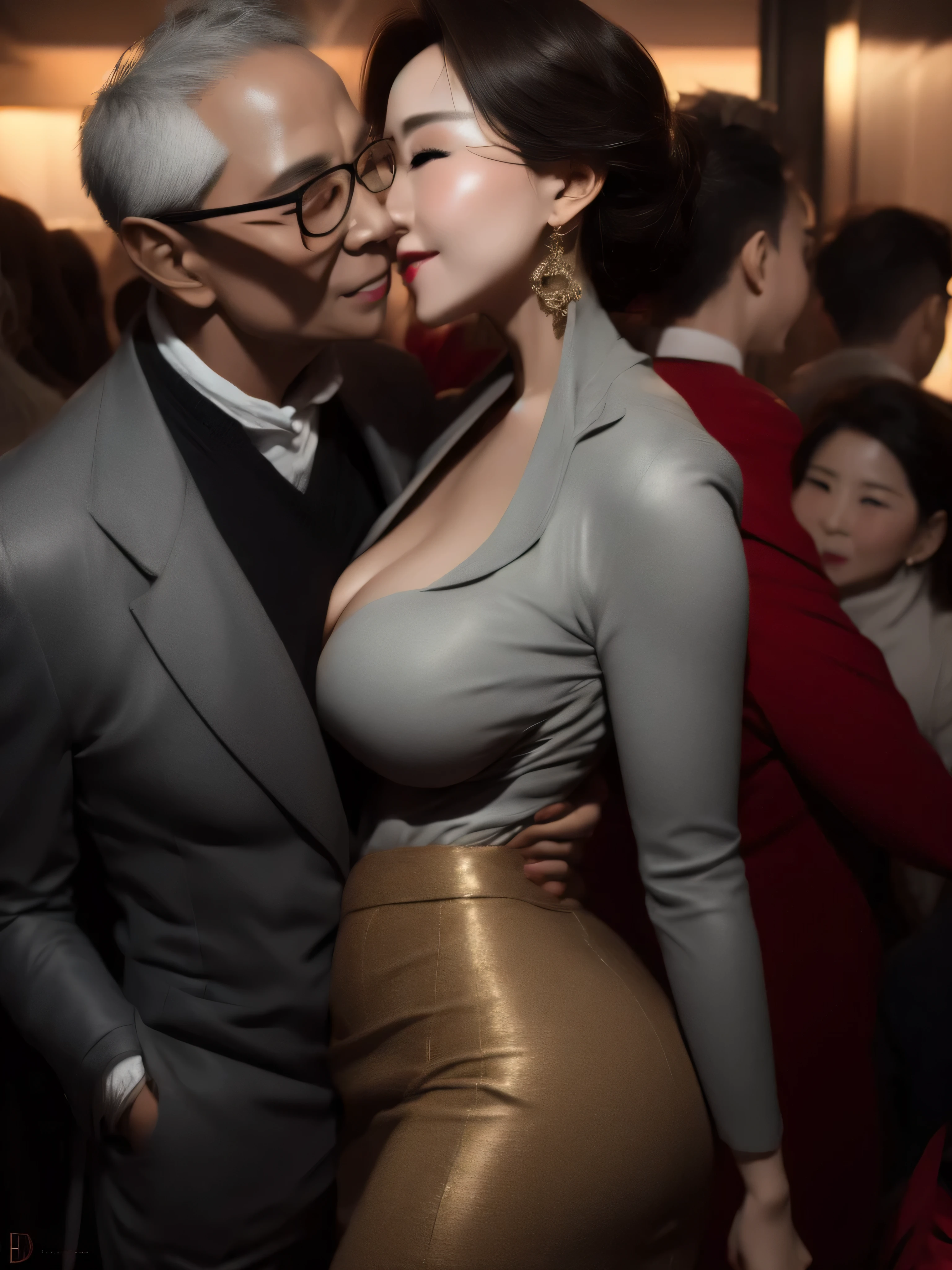 A beautiful woman wearing a revealing skirt suit, her elderly husband hugged and kissed her from behind in the crowded crowd, UHD, masterpiece, textured skin, super detail, best quality, 8k.