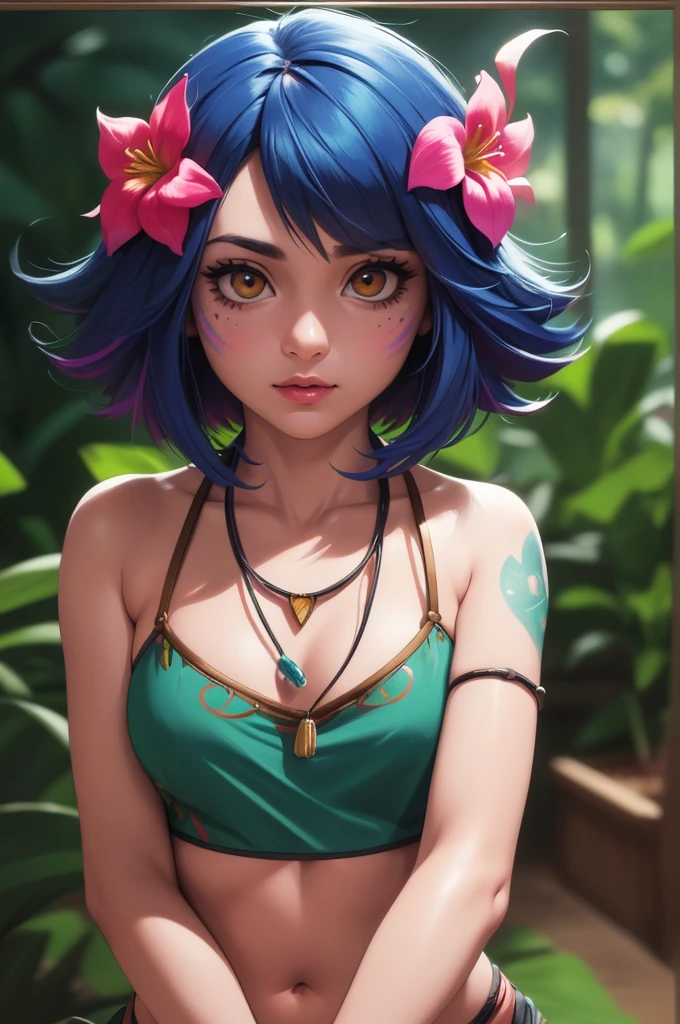 masterpiece,(best quality,top quality,8k),ultra detailed,illustration,painting,detailed eyes and face,icon,(close_up),1girl,neeko,facial marks, hair ornaments, hair flower, necklace,crop top,(anime style), pretty girl, beauty skin, ultra high res, raw photo,detailed body,(puffy eyes) ,good contrast , high sharpness,(gorgeous),realistic,RAW Photography,(hyperdetailed:1.2)