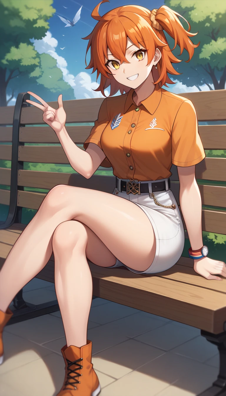 ((1 girl)), ritsuka ,  short hair,  orange hair,  smiling, one side up, collector, collector naranja,  Yellow Eyes , breasts, jean azul,  orange shirt , Short sleeves,  High resolution, ultra-sharp, 8K,  masterpiece,  looking at the spectator, (( masterpiece)), (( high definition )), (( lyrics)), anime badass 8K,  better noise removal ,  The best quality, best render , ritsuka  niña pequeña,  wearing a white dress ,  smiling de alegría,  sitting on a wooden bench in the park, ritsuka  joven, ritsuka  e, jean azul,  orange shirt , Short sleeves