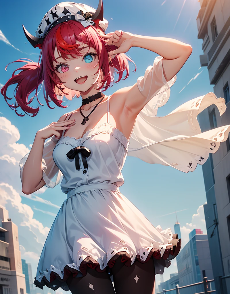 IrysCasual, heterochromia, short hair, side ponytail, hat, choker, off-shoulder dress, white dress, black bow, black pantyhose, beige cardigan, good anatomy, two arms, two legs, laugh, dynamic pose, (looking at viewer), laugh