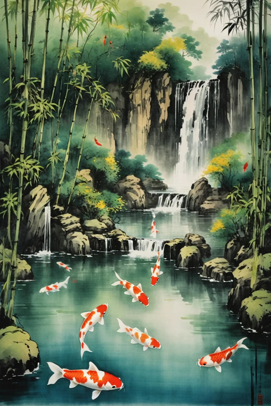 painting of a waterfall with koi fish in the water, traditional chinese painting, chinese painting style, chinese style painting, traditional chinese ink painting, traditional painting, traditional chinese watercolor, koi fishes, by Gong Xian, chinese painting, traditional chinese art, japanese style painting, by Wen Boren, serene scene, by Ju Lian, chinese ink painting, chinese watercolor, koi fish