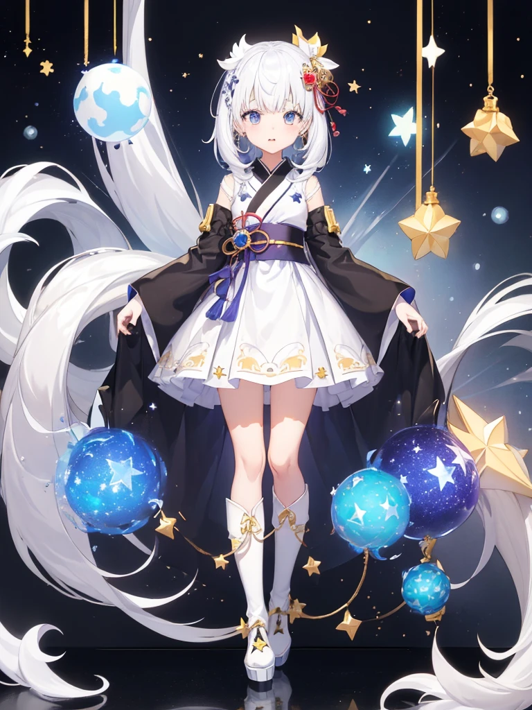 (((Milky Hair Color )))、 1 girl, best quality、８hair, handsome face、vtuber-full body、 picture of a straight front facing the viewer 、Star Fairy、Full body front standing illustration、Front, best quality、masterpiece、 Official Art、 super detailed、 VERY BEAUTIFUL、かわいいStar Fairy、 gray hair is straight and long 、milky way、universe、star charm、star、baby face、hairnee-high boots、Japanese pattern dress、 beautiful girl wearing black and white clothes in a remake of a yukata.、milky wayやuniverseを感じる柄の花魁フリルドレス、Vtuber model