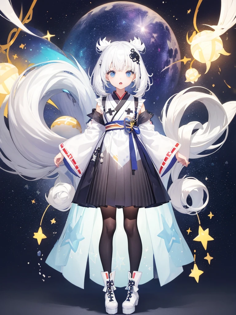 (((Milky Hair Color )))、 1 girl, best quality、８hair, handsome face、vtuber-full body、 picture of a straight front facing the viewer 、Star Fairy、Full body front standing illustration、Front, best quality、masterpiece、 Official Art、 super detailed、 VERY BEAUTIFUL、かわいいStar Fairy、 gray hair is straight and long 、milky way、universe、star charm、star、baby face、hairnee-high boots、Japanese pattern dress、 beautiful girl wearing black and white clothes in a remake of a yukata.、milky wayやuniverseを感じる柄の花魁フリルドレス、Vtuber model