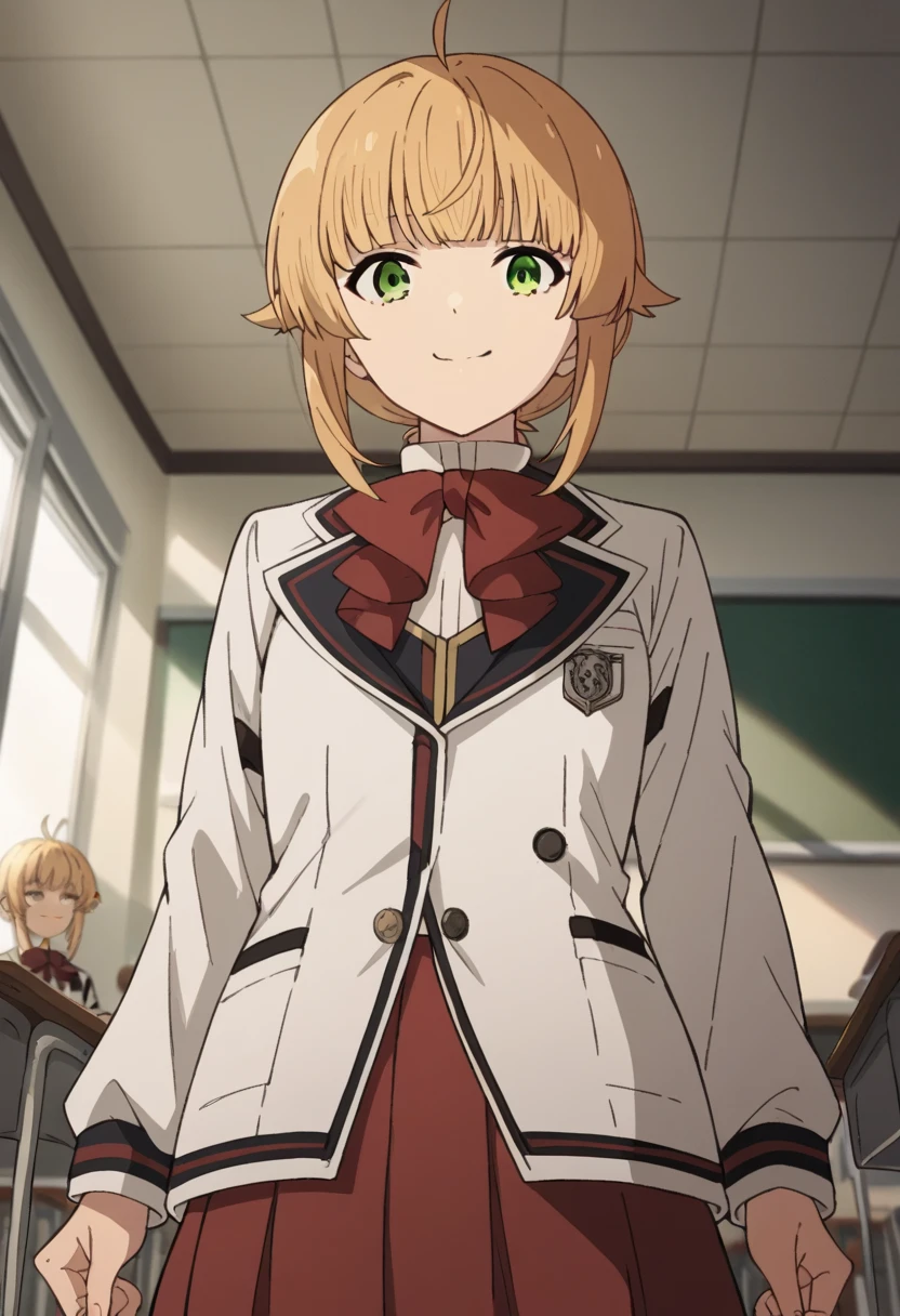 NSFW，from below，
norngreyrat, norn greyrat, bangs, blonde hair, green eyes, ahoge,
long sleeves, bow，jacket, bowtie, red bow, skirt, red skirt, white jacket,
indoors, classroom, smile
looking at viewer, cowboy shot