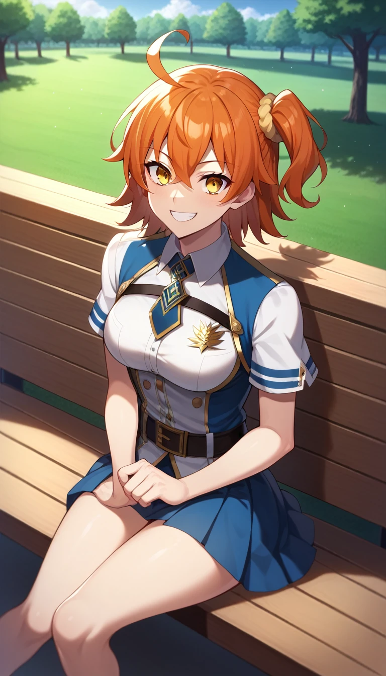 ((1 girl)), ritsuka ,  short hair,  orange hair,  smiling, one side up, collector, collector naranja,  Yellow Eyes , breasts, jean azul, polera negra, Short sleeves,  High resolution, ultra-sharp, 8K,  masterpiece,  looking at the spectator, (( masterpiece)), (( high definition )), (( lyrics)), anime badass 8K,  better noise removal ,  The best quality, best render , ritsuka  niña pequeña,  wearing a white dress ,  smiling de alegría,  sitting on a wooden bench in the park, ritsuka  joven, ritsuka  e, jean azul, polera negra, Short sleeves