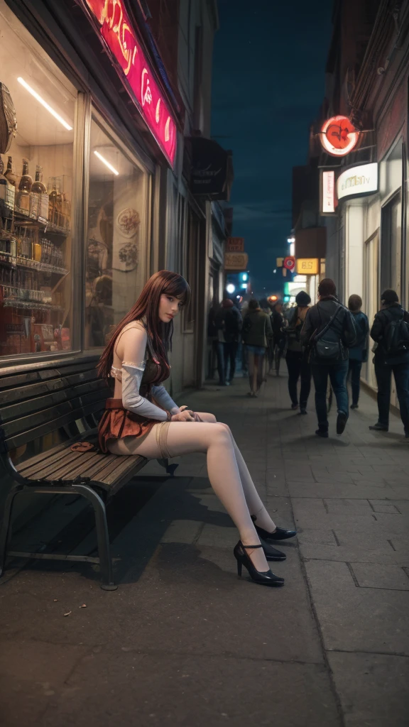 Enhanced Realism: Create a hyper-realistic image of a beautiful woman cosplaying [Furude Rika], with crisp details in her costume and a well-defined urban environment. Focus on Detail: Produce a high-resolution image where every component of the costume, from fabrics to accessories, is clearly detailed, and the urban environment shows realistic textures and elements. Textures and Materials: Generate an image that highlights the textures of the cosplay costume, including fabric, metal accessories, and any other materials, with accurate reflections and shadows. Environment and Scenery: Create an urban scene with modern buildings, city lights, and street elements such as cars, road signs, illuminated shops, and people in motion, while maintaining a high level of detail and realism in each component. Buildings should have realistic architectural details, windows with reflections and lights that add depth to the scene. Props and Cosplay Elements: The costume should include character-specific details, such as jewellery, weapons, or any other distinctive accessories, with a clear focus on texture and shine. Include detailed make-up and hairstyle befitting the character, highlighting vivid colours and design accuracy. Interaction with the Environment: The woman cosplaying should be interacting with the urban environment, such as walking down a street, posing by a fountain, or sitting on a park bench, with realistic shadows and reflections that give depth to the image. Lighting and Shadows: Use natural day or night lighting depending on the context of the cosplay, with detailed shadows and lighting effects that bring out the sharpness of the costume and environment. Include lighting details of buildings, such as neon signs, lampposts and illuminated shop windows, that add atmosphere to the scene. Technical settings: Use ultra high definition to ensure edge sharpness and colour accuracy. Apply realistic lighting and detailed shadows to increase the depth and realism.