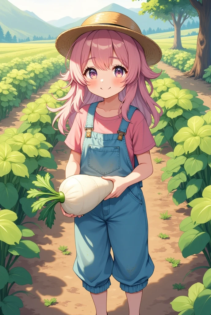 Peaceful rural scenery, (1girl,  long pink, fluffy hair , Thick eyebrows,  sky blue overalls :1.3, Pink shirt:1.3,  rolling up sleeves ,  straw hat,  dirt with dirt on cheeks :1.3, smile, A lot of daikon is growing in the \Holding Japanese white radish :1.3\The white fruit is a radish that is bifurcated from the center and intertwined), ( daikon harvesting , japanese white radish, Large daikon ),  field holding daikon with green leaves\Daikon has white fruits that are slightly delicious in the ground,  pouring sunlight , Calm and beautiful scenery , (((UHD, masterpiece, anatomically correct, super detail, high details,  highres icon, 8k, best quality:1.3)))