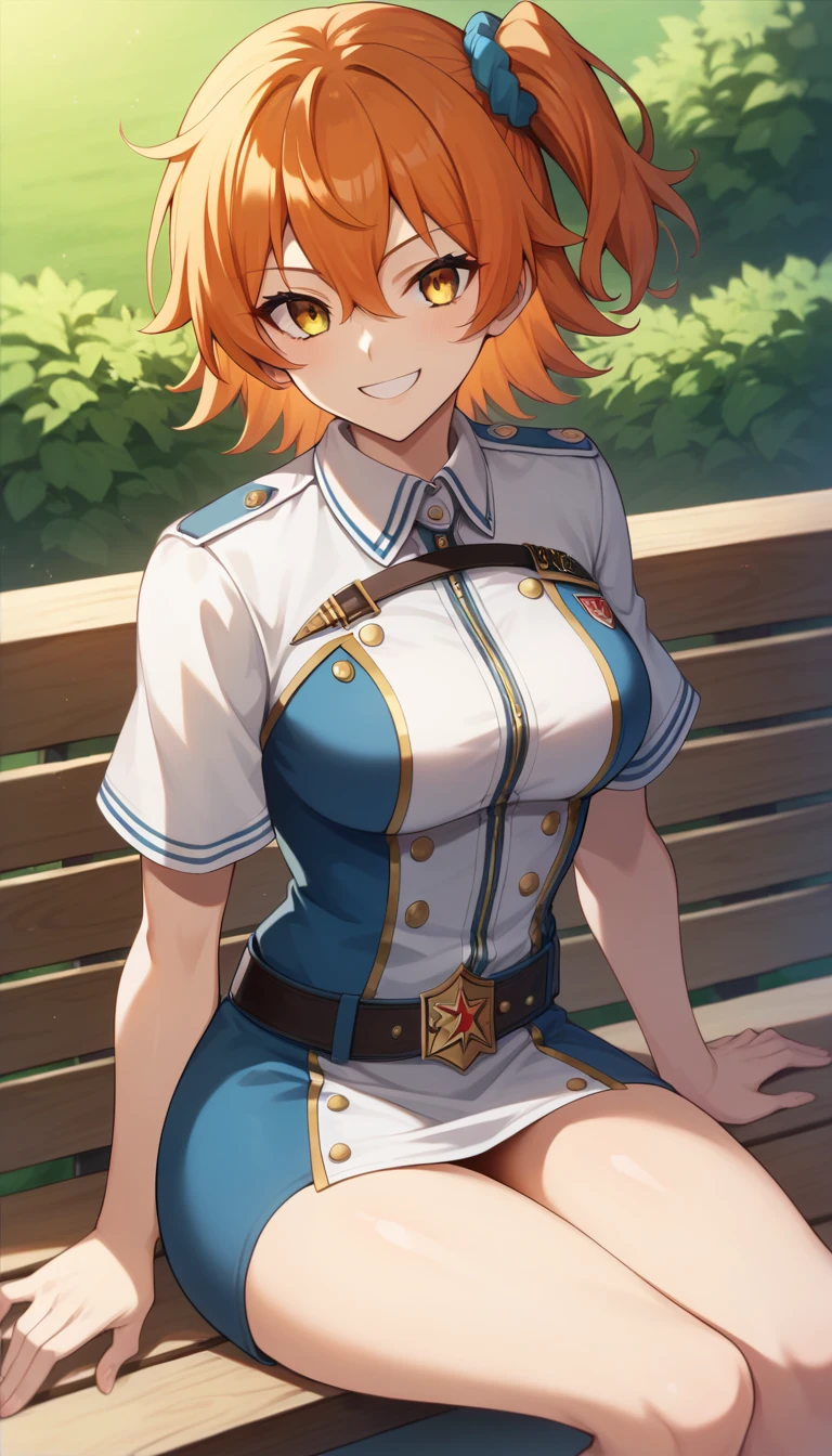 ((1 girl)), ritsuka ,  short hair,  orange hair,  smiling, one side up, collector, collector naranja,  Yellow Eyes , breasts, jean azul, polera negra, Short sleeves,  High resolution, ultra-sharp, 8K,  masterpiece,  looking at the spectator, (( masterpiece)), (( high definition )), (( lyrics)), anime badass 8K,  better noise removal ,  The best quality, best render , ritsuka  niña pequeña,  wearing a white dress ,  smiling de alegría,  sitting on a wooden bench in the park, ritsuka  joven, ritsuka  e, jean azul, polera negra, Short sleeves