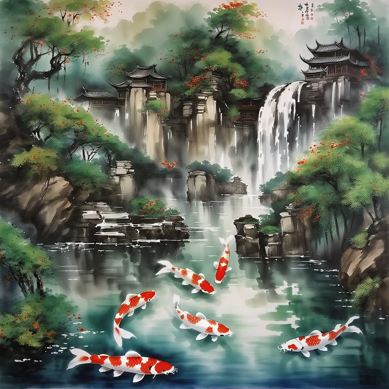 painting of a waterfall with koi fish in the water, traditional chinese painting, chinese painting style, chinese style painting, traditional chinese ink painting, traditional painting, traditional chinese watercolor, koi fishes, by Gong Xian, chinese painting, traditional chinese art, japanese style painting, by Wen Boren, serene scene, by Ju Lian, chinese ink painting, chinese watercolor, koi fish