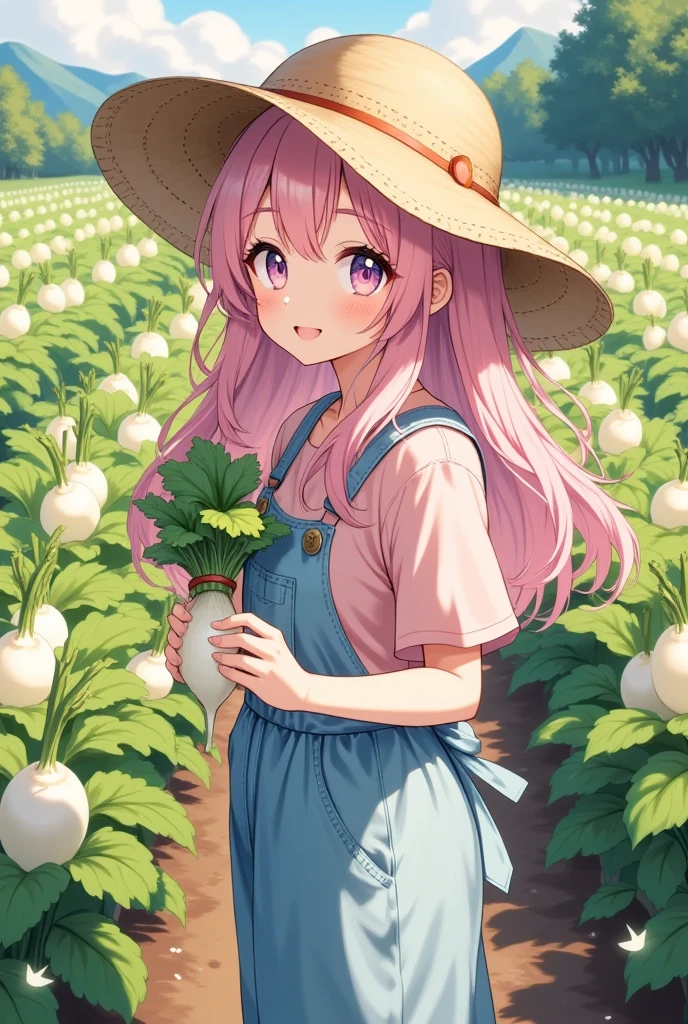 Peaceful rural scenery, (1girl,  long pink, fluffy hair , Thick eyebrows,  sky blue overalls :1.3, Pink shirt:1.3,  rolling up sleeves ,  straw hat,  dirt with dirt on cheeks :1.3, smile, A lot of daikon is growing in the \Holding Japanese white radish :1.3\The white fruit is a radish that is bifurcated from the center 、 and intertwined toward the tip:1.2), ( daikon harvesting , japanese white radish, Large daikon ),  field holding daikon with green leaves\Daikon has white fruits that are slightly delicious in the ground,  pouring sunlight , Calm and beautiful scenery , (((UHD, masterpiece, anatomically correct, super detail, high details,  highres icon, 8k, best quality:1.3)))