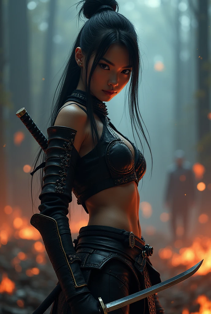 A wounded Japanese model female warrior resembling Lightning from Final Fantasy in a fighting pose
