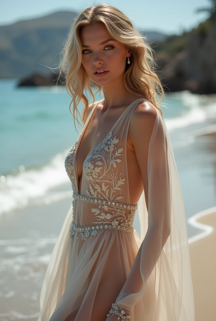 Masterpiece, (((full figure))) entire body in frame, (((magical lighting))) (((beautiful seductive smile sexy anorexic pale goddess woman standing on waterfall looking over the edge, birds eye view, sun rays))), ((( intricate lace future fantasy long dress covering the body))) , (((long blonde hair))) sunset lighting, golden hour, golden colors, very detailed, dramatic lighting, digital art trending on Artstation 8k HD high definition detailed realistic, detailed, skin texture, hyper detailed, realistic skin texture, armature, best quality, ultra high res, (photorealistic:1.4), high resolution, detailed, raw photo, sharp re, by lee jeffries nikon d850 film stock photograph 4 kodak portra 400 camera f1.6 lens rich colors hyper realistic lifelike texture dramatic lighting unrealengine trending on artstation cinestill 800, (((accurate female anatomy)))