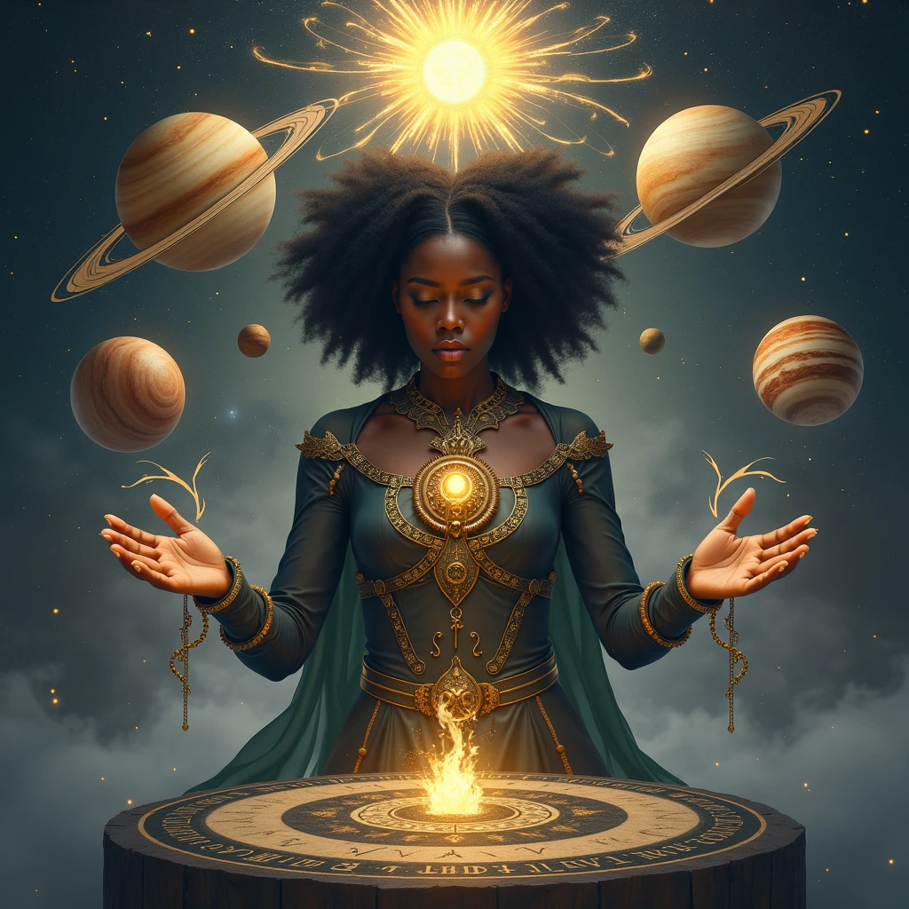 A woman with dark skin doing magic with the planets