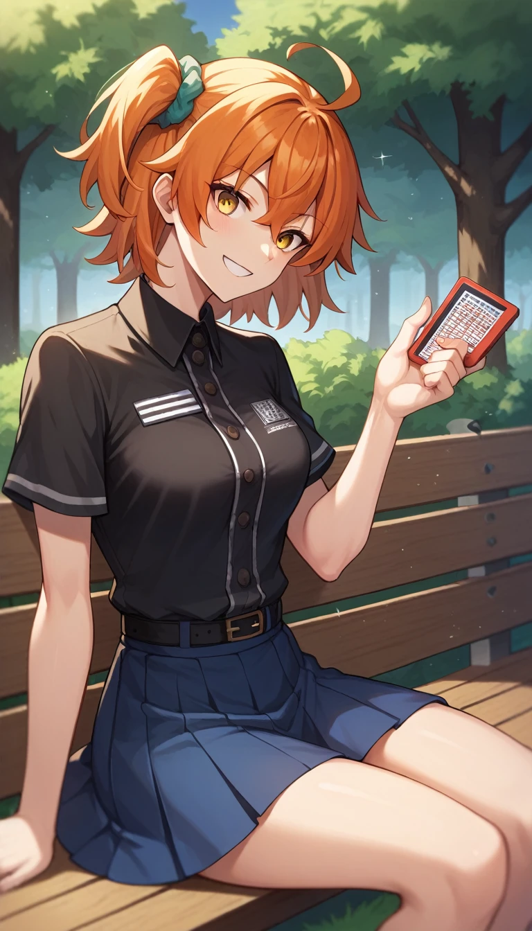 ((1 girl)), ritsuka ,  short hair,  orange hair,  smiling, one side up, collector, collector naranja,  Yellow Eyes , breasts, blue skirt, black shirt, Short sleeves,  High resolution, ultra-sharp, 8K,  masterpiece,  looking at the spectator, (( masterpiece)), (( high definition )), (( lyrics)), anime badass 8K,  better noise removal ,  The best quality, best render , ritsuka  niña pequeña,  wearing a white dress ,  smiling de alegría,  sitting on a wooden bench in the park, ritsuka  joven, ritsuka  e, blue skirt, black shirt, Short sleeves