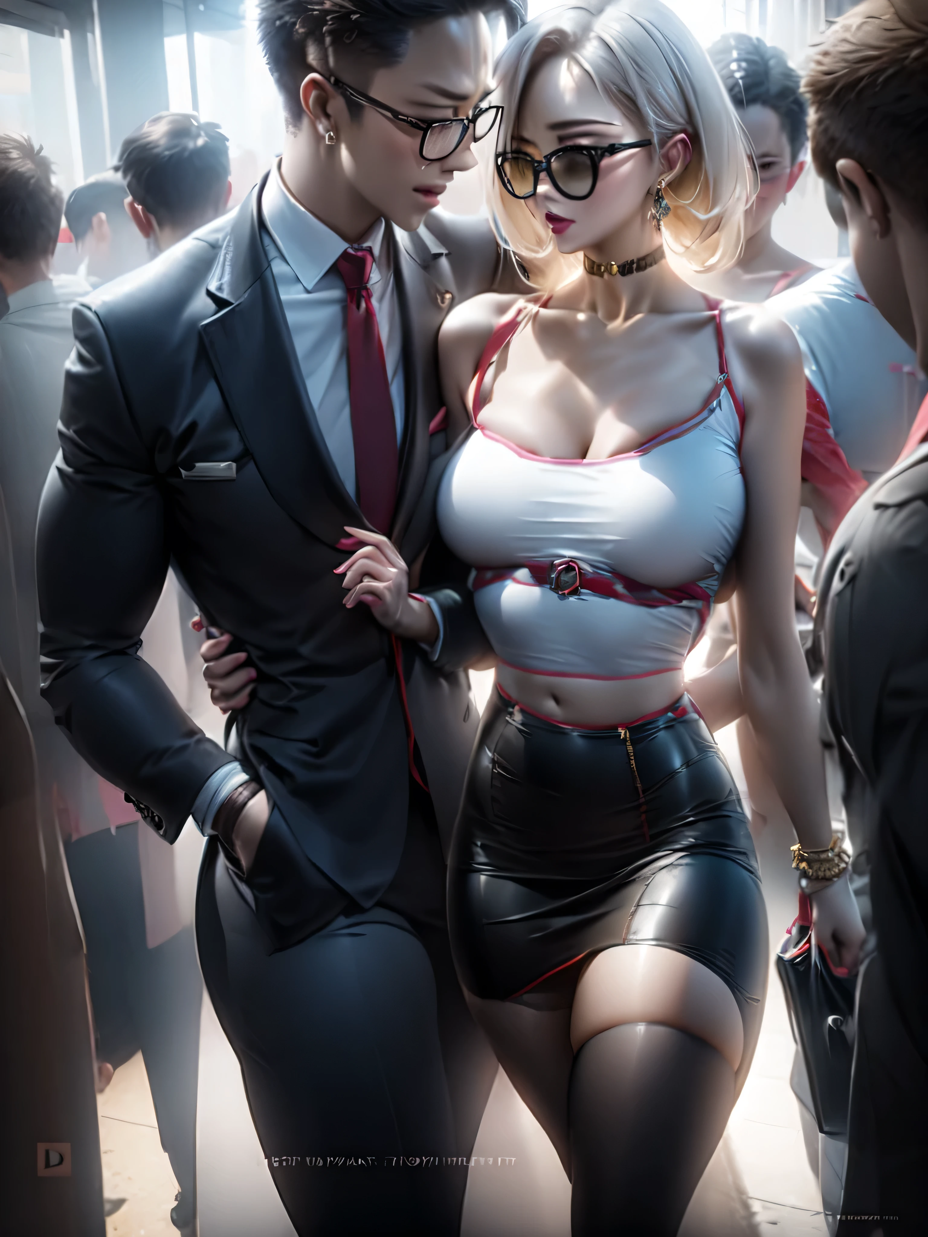 A beautiful woman wearing a revealing skirt suit, her elderly husband hugged and kissed her from behind in the crowded crowd, UHD, masterpiece, textured skin, super detail, best quality, 8k.