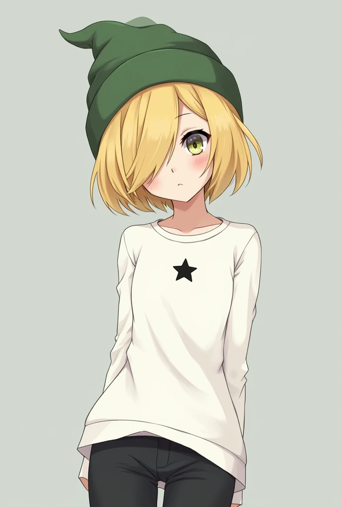 small girl with blonde hair appearance (black shirt with green skirt with green eyes wearing sun-shaped sunglasses on the front of her head)
