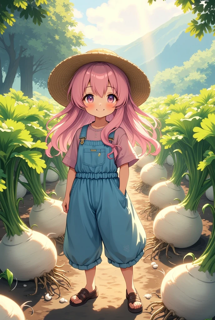 Peaceful rural scenery, (1girl,  long pink and fluffy hair, Thick eyebrows,  sky blue overalls with rolled up sleeves :1.3, Pink shirt:1.3,  rolling up sleeves ,  straw hat,  dirt with dirt on cheeks :1.3, smile, A lot of daikon is growing in the \Holding Japanese white radish :1.3\The white fruit is a radish that is bifurcated from the center 、 and intertwined toward the tip:1.2), ( daikon harvesting , japanese white radish, Large daikon ),  Lots of daikon growing in the field \Daikon has white fruits that are slightly delicious in the ground,  pouring sunlight , Calm and beautiful scenery , (((UHD, masterpiece, anatomically correct, super detail, high details,  highres icon, 8k, best quality:1.3)))