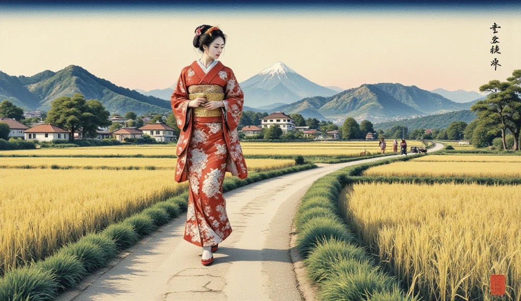 Wonderful Ukiyoe by Katsushika Hokusai. Very delicate and beautiful Pastoral Idyll painting.beautiful Rural landscape.A very beautiful and sexy Geisha lady walking along a rural lane. so many flowers.paddy field.Ink paint