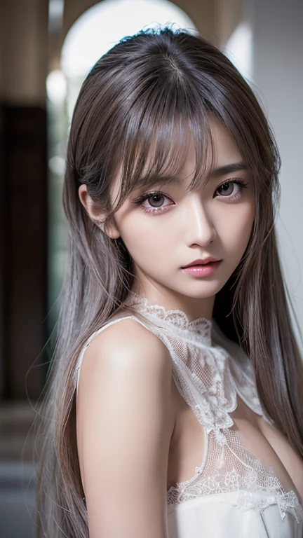 Young girl  ,masterpiece,Realistic,32k,Highly detailed CG 8K wallpaper, Highest quality ,Upper Body,((Gray Hair:1.2))、White Tank Top 1.5、Selfie with smartphone、