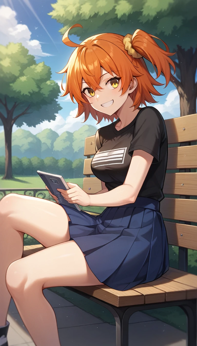 ((1 girl)), ritsuka ,  short hair,  orange hair,  smiling, one side up, collector, collector naranja,  Yellow Eyes , breasts, blue skirt, black shirt, Short sleeves,  High resolution, ultra-sharp, 8K,  masterpiece,  looking at the spectator, (( masterpiece)), (( high definition )), (( lyrics)), anime badass 8K,  better noise removal ,  The best quality, best render , ritsuka  niña pequeña,  wearing a white dress ,  smiling de alegría,  sitting on a wooden bench in the park, ritsuka  joven, ritsuka  e, blue skirt, black shirt, Short sleeves,  looking to the side ,  smiling