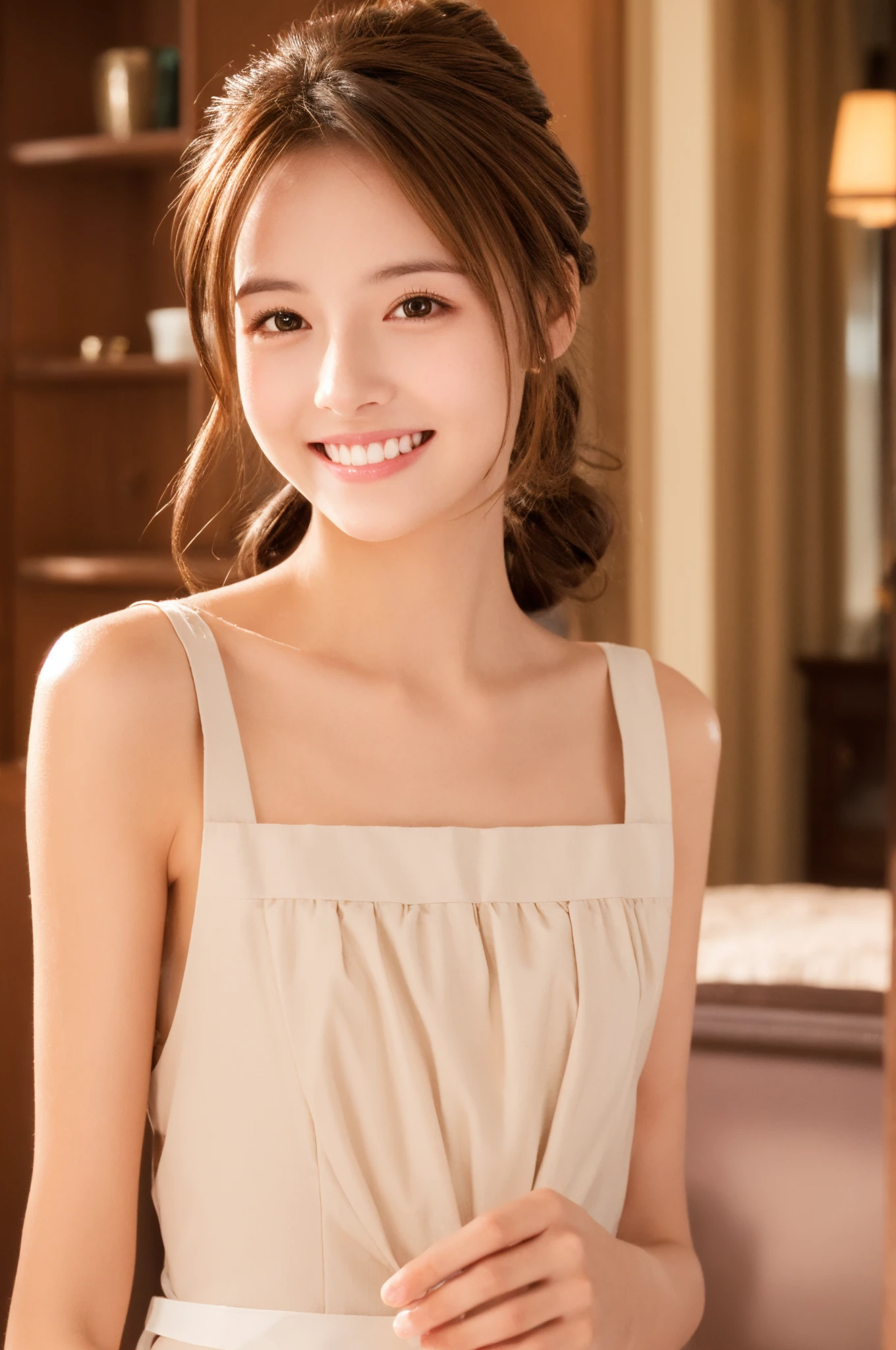 Maid,cute pretty girl,masterpiece,high definition,4k,8k,16k,chignon hair,brown hair,skinny,thin body,smile