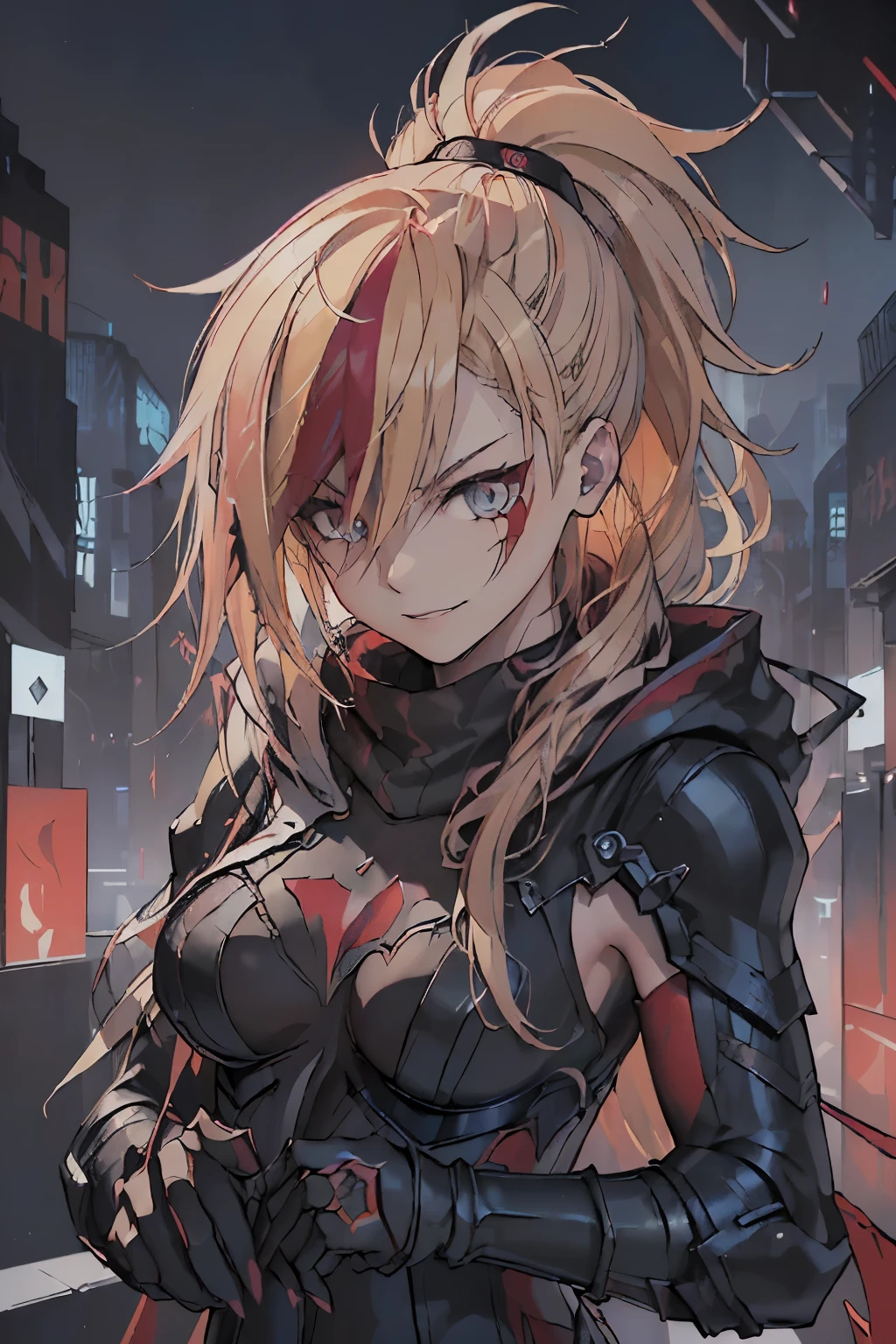 top-quality、Top image quality、masterpiece、evil girl with((18year old、Red, black and blue glowing cyber suit, falda corta, blonde hair streaked with red, black and blues hihlights, mystical,、Shining Cyber White Hoodie、Best Bust、Bust 90、Blonde Away Tail、Red Eyes、Valley、A slender、 insane smile、Red Face tattoo Paint、Black scarf、Reflecting the whole body、Slouch action))hiquality、Beautiful Art、Background with((nightcity、cyberpunked、nightclubasutepiece、Elaborate design、visualart、