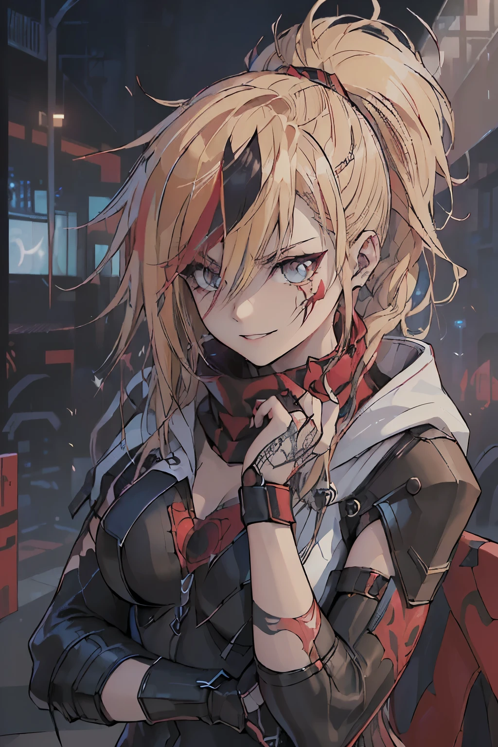 top-quality、Top image quality、masterpiece、evil girl with((18year old、Red, black and blue glowing cyber suit, falda corta, blonde hair streaked with red, black and blues hihlights, mystical,、Shining Cyber White Hoodie、Best Bust、Bust 90、Blonde Away Tail、Red Eyes、Valley、A slender、 insane smile、Red Face tattoo Paint、Black scarf、Reflecting the whole body、Slouch action))hiquality、Beautiful Art、Background with((nightcity、cyberpunked、nightclubasutepiece、Elaborate design、visualart、