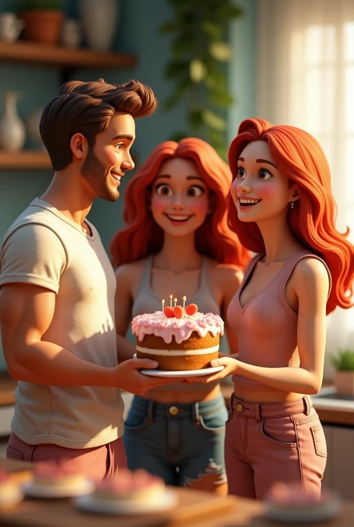 Disney 3D couple in a pastry shop
Eating cake
The woman has long red curly hair, green eyes, and is slightly overweight. She is wearing a red shirt with black pants, a necklace, and sunglasses.
The man has brown hair, brown eyes, and a thick brown beard. He is wearing a blue shirt and black pants.