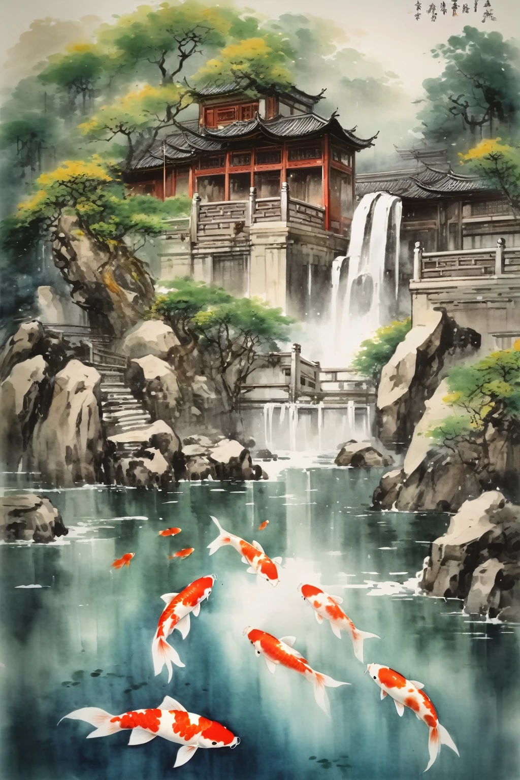 a waterfall with koi fish in the water, traditional chinese painting, chinese painting style, chinese style painting, traditional chinese ink painting, traditional painting, traditional chinese watercolor, koi fishes, by Gong Xian, chinese painting, traditional chinese art, japanese style painting, by Wen Boren, serene scene, by Ju Lian, chinese ink painting, chinese watercolor, koi fish