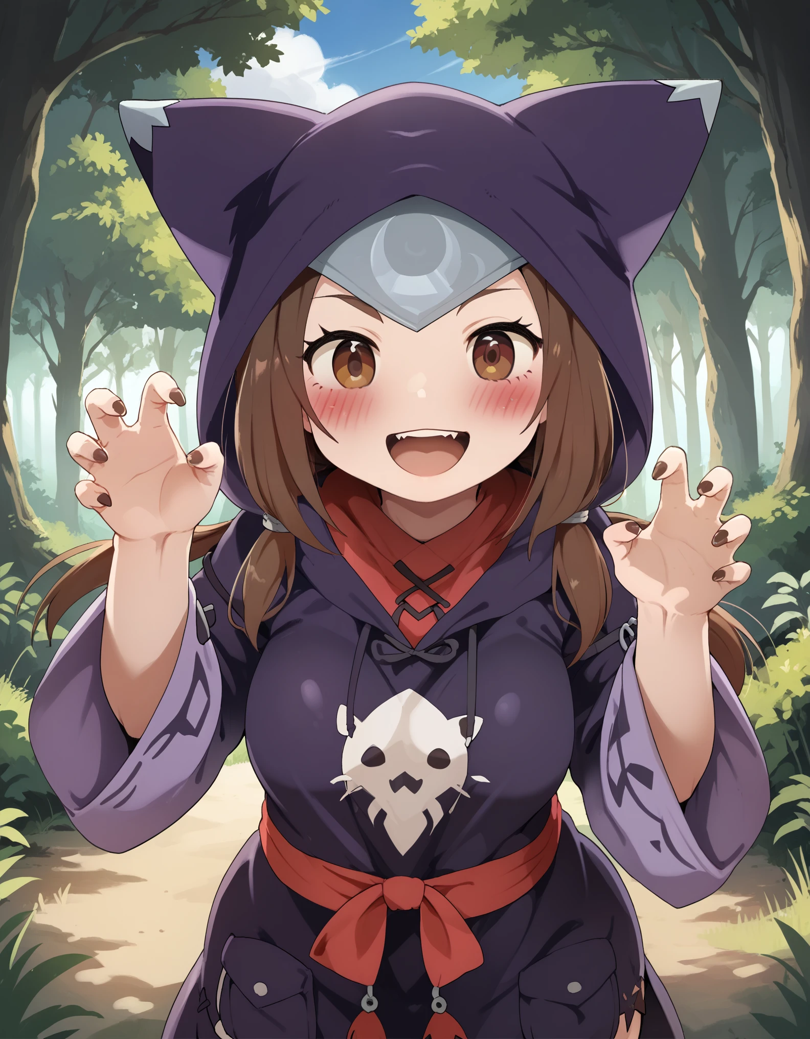 score_9, score_8_up, score_7_up, rating_ safe, solo, 1girl, Dagashi_(Daga2626), brown_hair, brown_eyes, low_twintails, breasts, animal_hood, (animal_ears), (hood_up), kigurumi, claw_pose, looking_at_viewer, happy, outdoors, forest