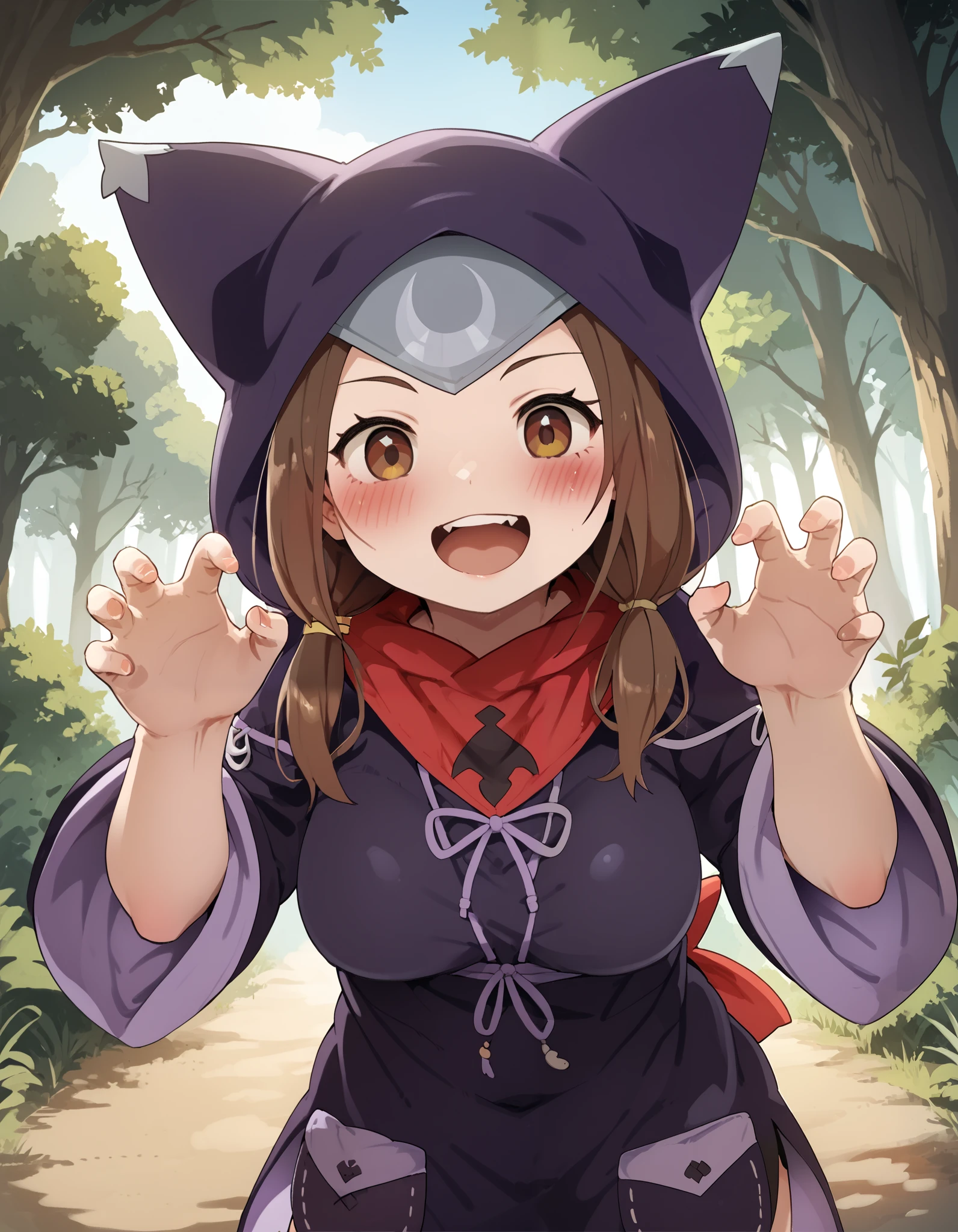 score_9, score_8_up, score_7_up, rating_ safe, solo, 1girl, Dagashi_(Daga2626), brown_hair, brown_eyes, low_twintails, breasts, animal_hood, (animal_ears), (hood_up), kigurumi, claw_pose, looking_at_viewer, happy, outdoors, forest