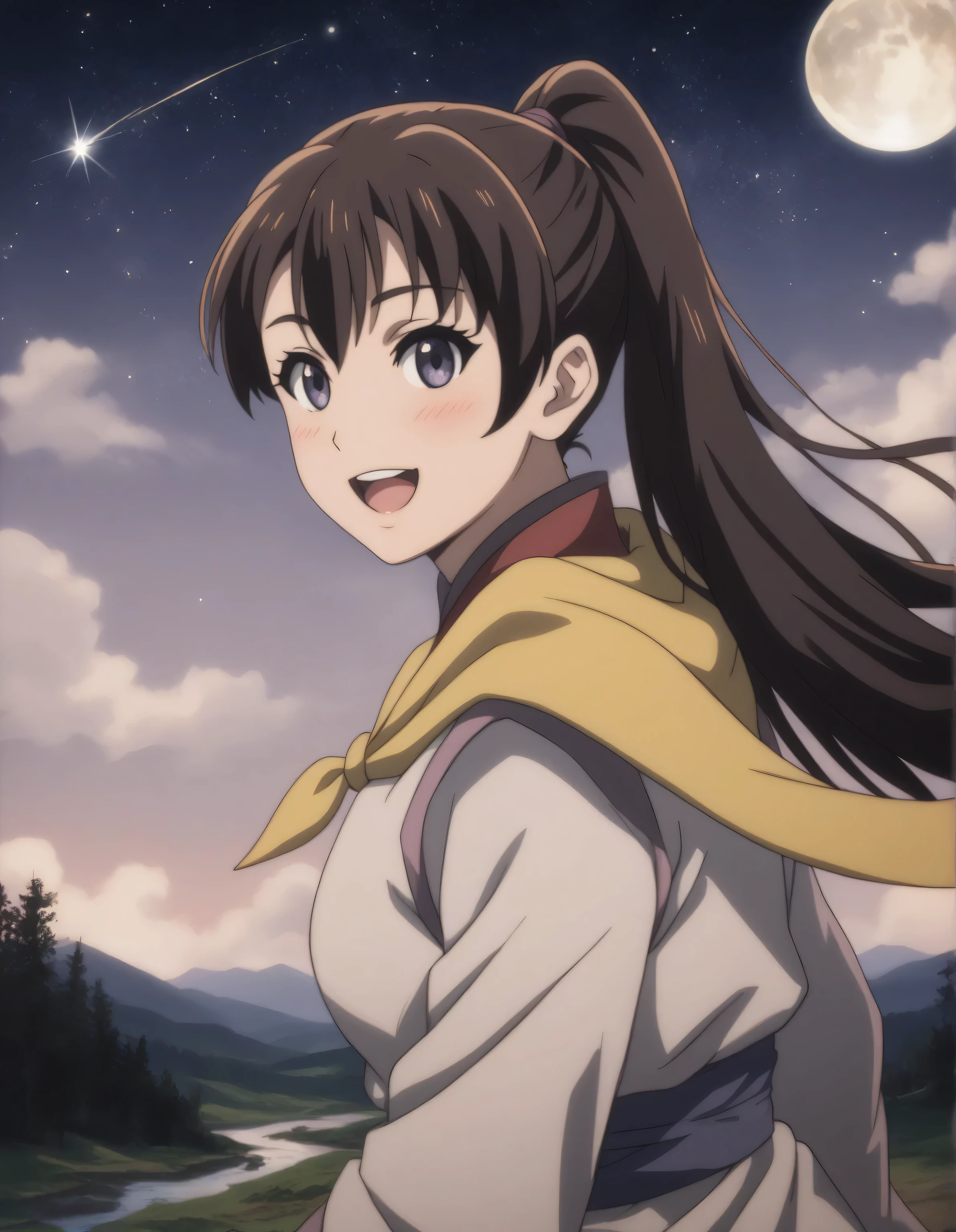 score_9,  score_8_up, score_7_up, gsfghtr, multicolored robe, neckerchief,
cinematic Lighting, 1girl,solo,looking at viewer,blush,smile, open mouth,Valley with Flowing River, moon, shooting stars