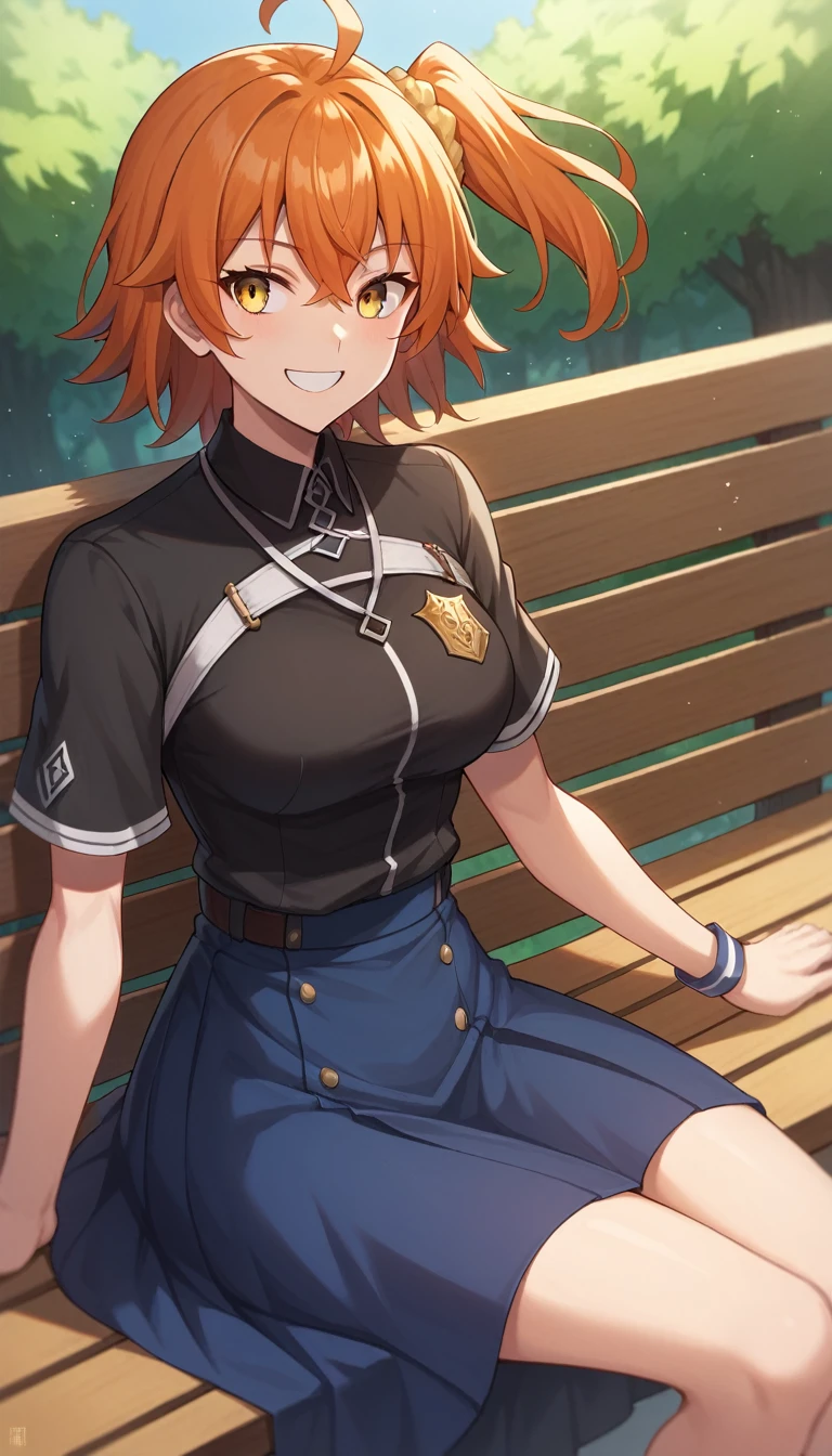 ((1 girl)), ritsuka ,  short hair,  orange hair,  smiling, one side up, collector, collector naranja,  Yellow Eyes , breasts, blue skirt, black shirt, Short sleeves,  High resolution, ultra-sharp, 8K,  masterpiece,  looking at the spectator, (( masterpiece)), (( high definition )), (( lyrics)), anime badass 8K,  better noise removal ,  The best quality, best render , ritsuka  niña pequeña,  wearing a white dress ,  smiling de alegría,  sitting on a wooden bench in the park, ritsuka  joven, ritsuka  e, blue skirt, black shirt, Short sleeves,  looking to the side ,  smiling
