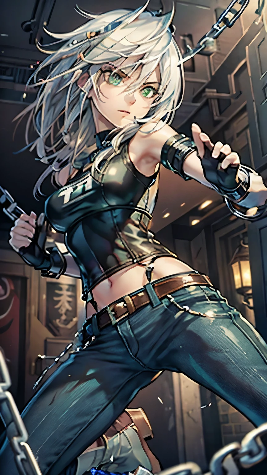 (masterpiece), best quality, green eyes, perfect face, highres, 1girl, solo, (female:1.5), cute, white hair, long hair, white fingerless gloves, black t shirt, leather jacket, jeans, indoors, , dancing around chains whip, holding chains whip, cowboy shot, looking at the viewer, fullbody shot, long boots, ninja style, attack pose
