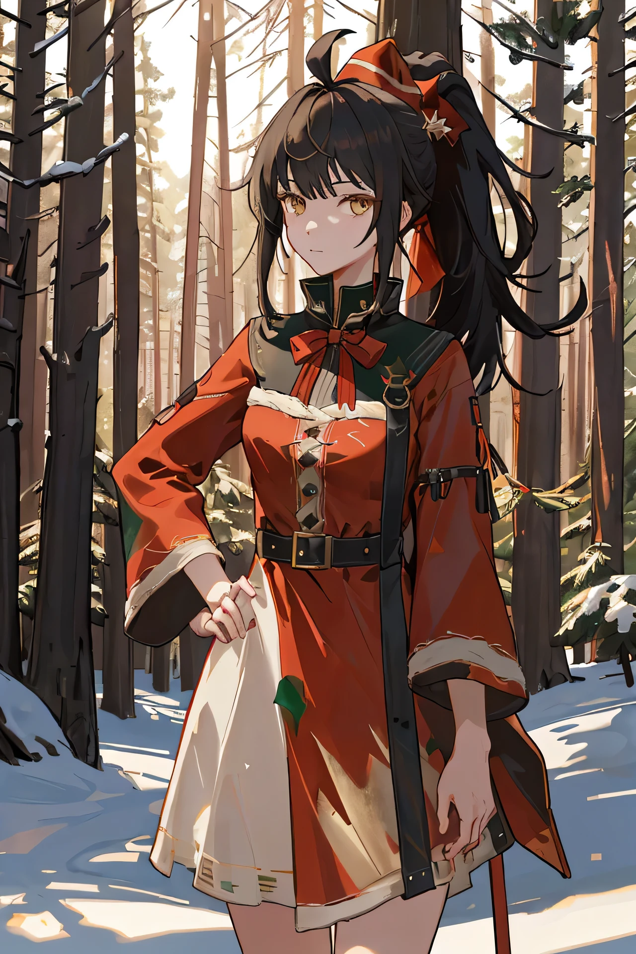 POV, cowboy_shot, SIRIS, christmas dress red, Christmas hat red, hand_on_hip, black_hair, ponytail, ahoge, yellow_eyes, 1girl, solo, standing, looking at viewer, afternooners, forest,pine, dappled_sunlight, (masterpiece,best quality,beautiful and aesthetic:1.2), 