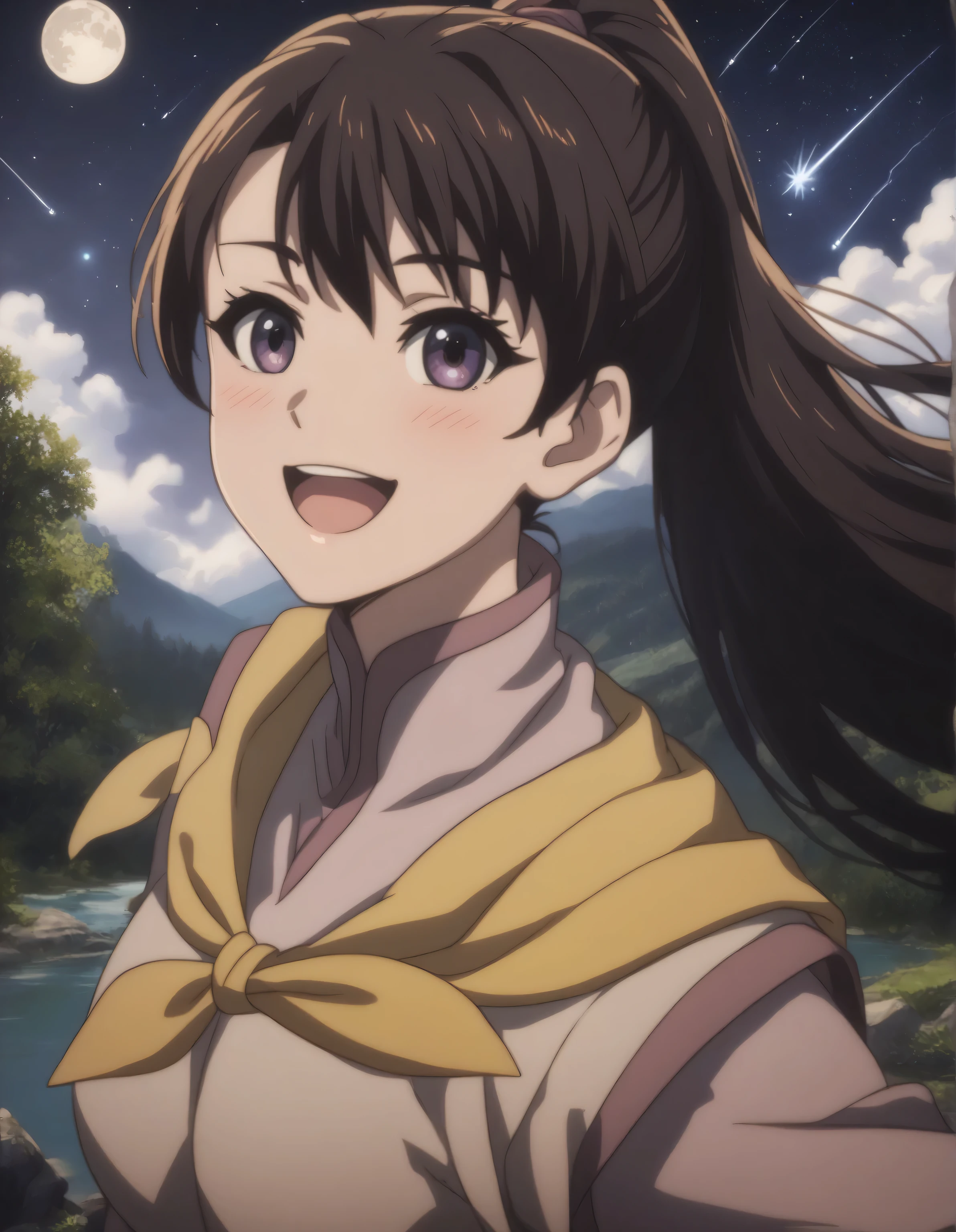 score_9,  score_8_up, score_7_up, gsfghtr, multicolored robe, neckerchief,
cinematic Lighting, 1girl,solo,looking at viewer,blush,smile, open mouth,Valley with Flowing River, moon, shooting stars