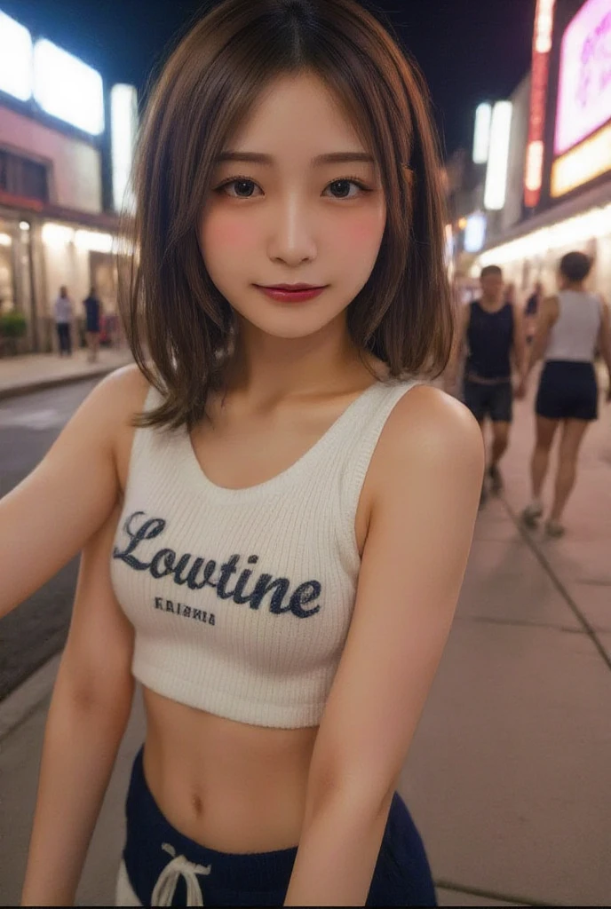 A beautiful Gial girl ("Big breasts") ("bicolor black and red hair" "with pigtails") (wearing a sleeveless shirt and shorts) (on the street at night and with lights and people) (taking a selfie) (Photo Realistic) (best quality) (With rings) (light brown eyes)