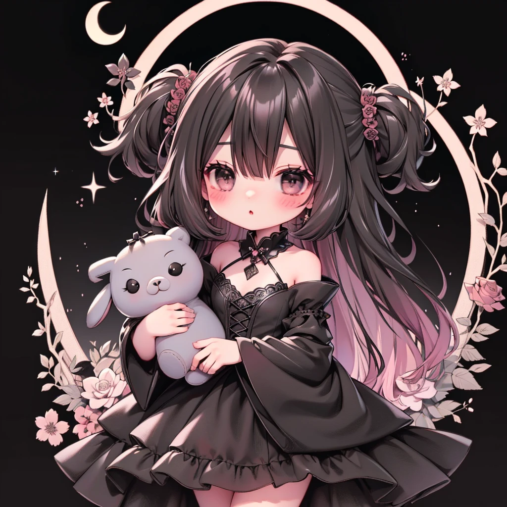  handsome face、Chibi、、Black clothes、Flared long sleeves、 Shoulder-baring  、One piece flare skirt、Rabbit with stuffed toy、Black and floral pink palette、Gothic Shoes、Positive、Black Rose、🌙、perfect anatomy、heart、