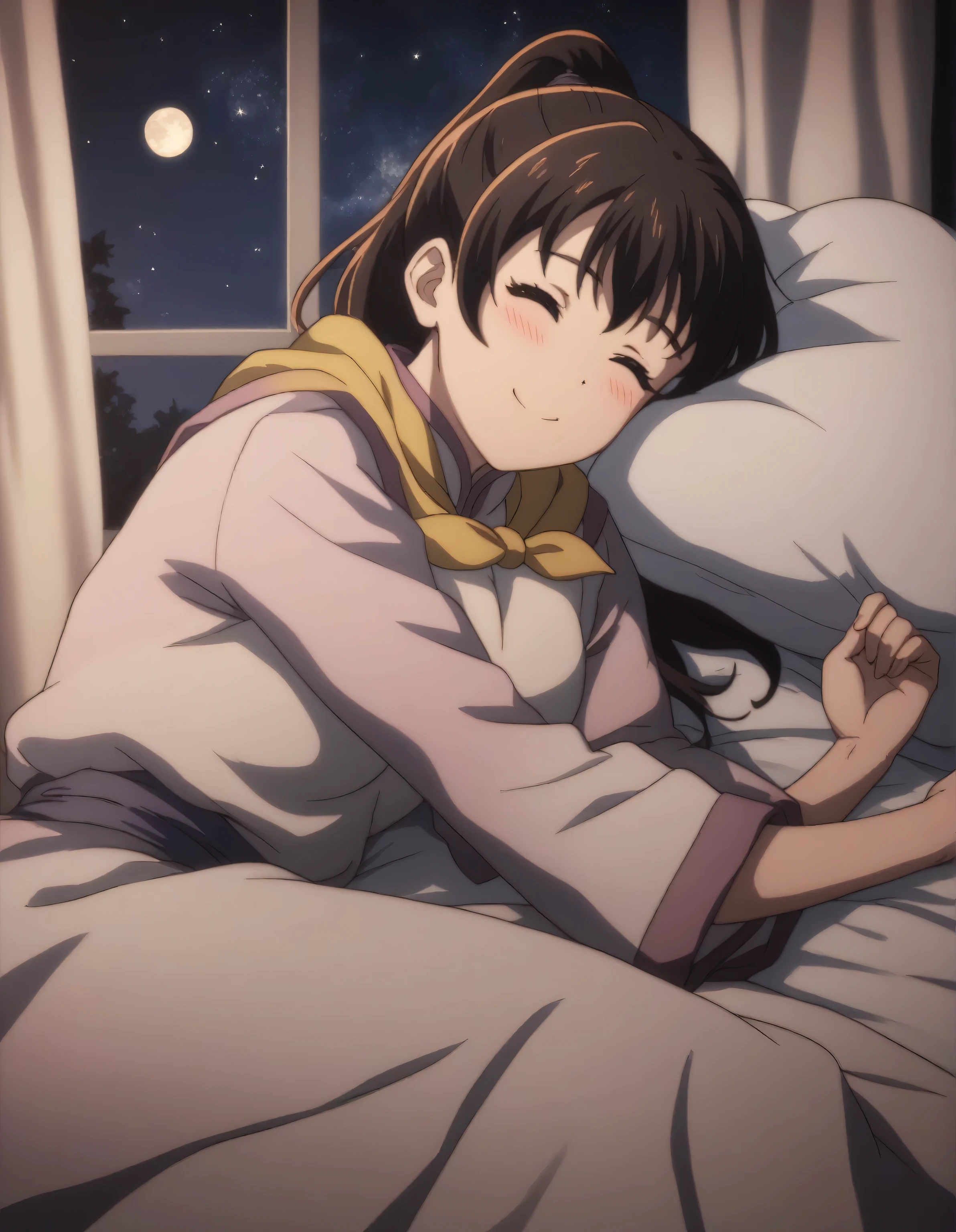 score_9, score_8_up, score_7_up, gsfghtr, multicolored robe, neckerchief, cinematic Lighting, 1girl,solo,sleep on the bed,smile, blush, shy,window, moon, shooting stars