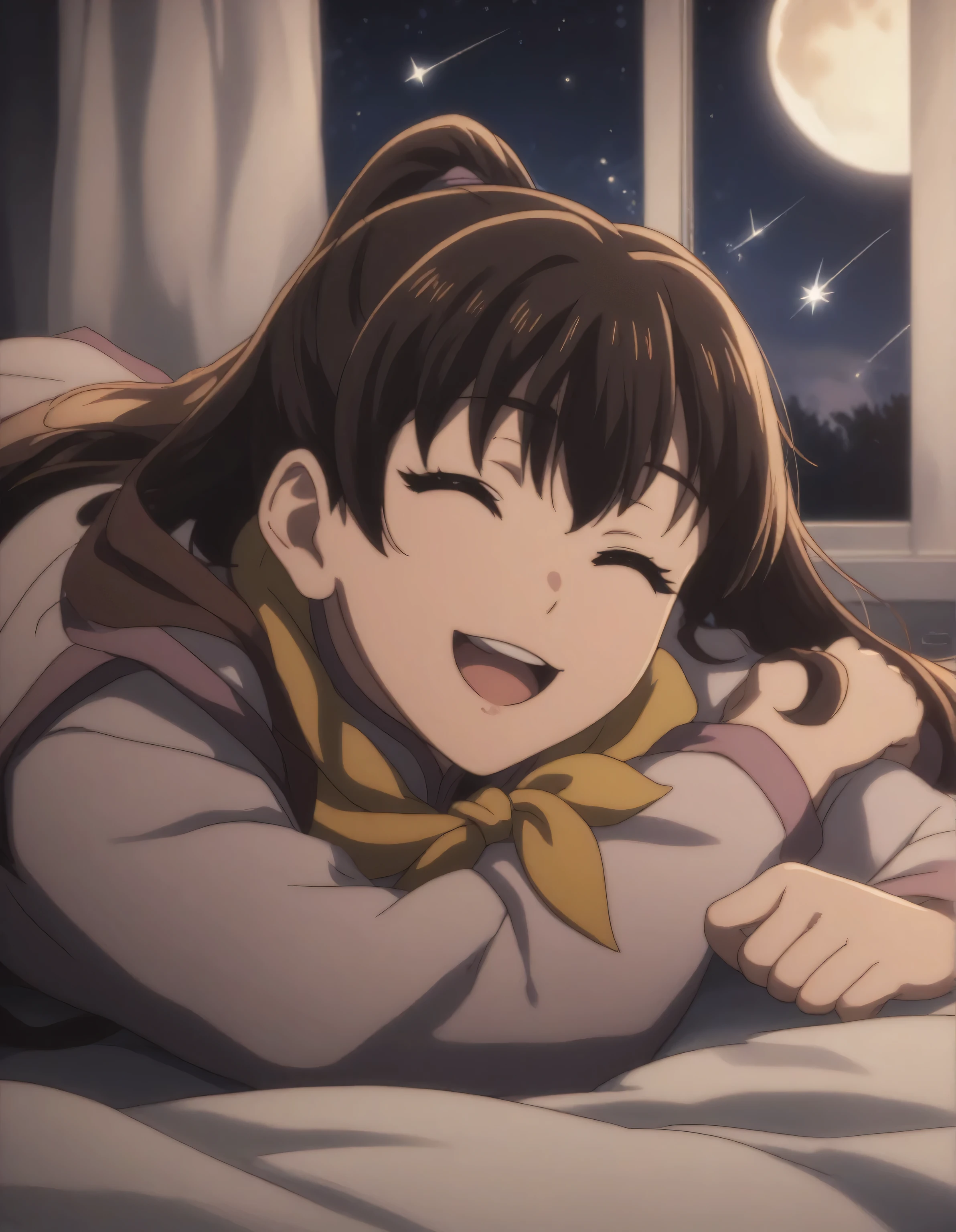 score_9,  score_8_up, score_7_up, gsfghtr, multicolored robe, neckerchief,
cinematic Lighting, 1girl,solo,sleep on the bed,smile, open mouth,window, moon, shooting stars