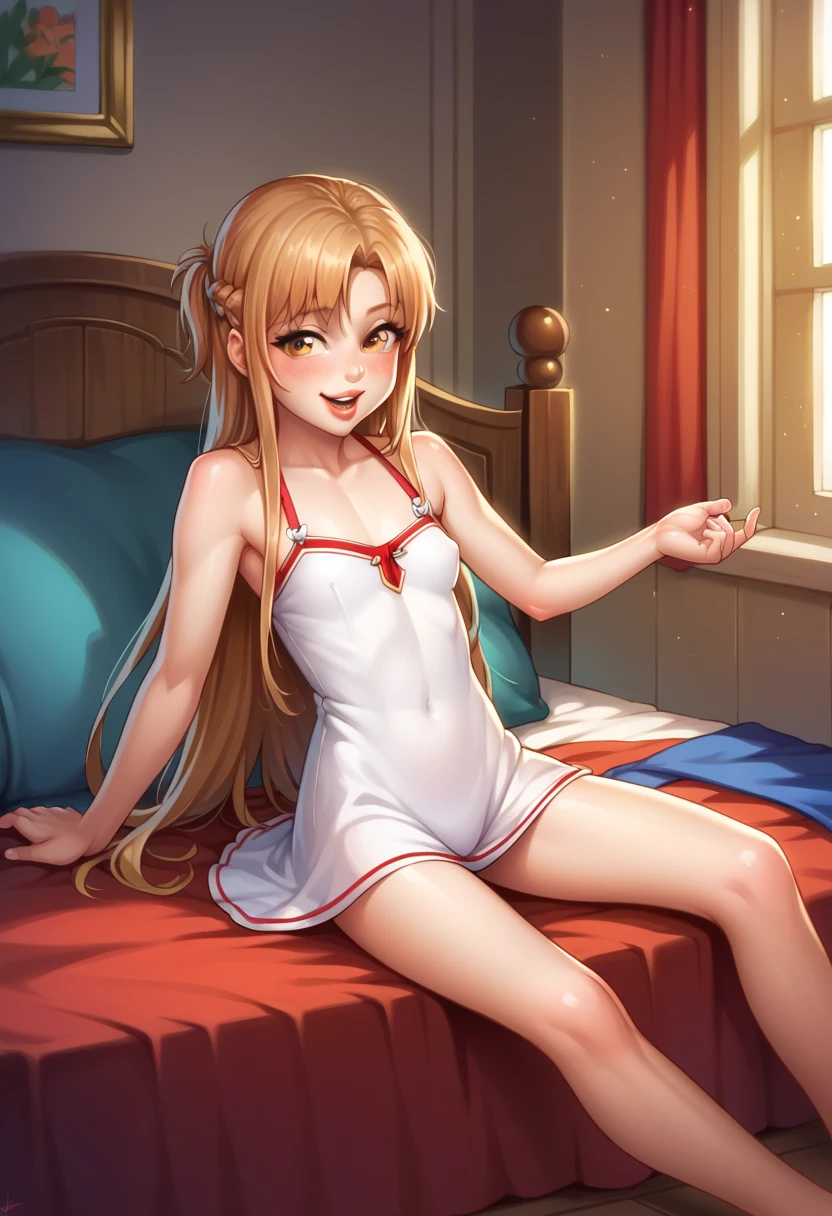 (( best quality)), ((masterpiece)), (be familiar with),  perfect face, indoor, bedroom,  putting their fingers in their lips,
One woman,  Asuna Yuki,
 characters with open mouth ,  ecstatic expression with hands in front of body, blush, smile,
Small breasts,  flat chested, Young girl, Lori,  kids,  girl,
 long hair,  long hair,
Leg spread,