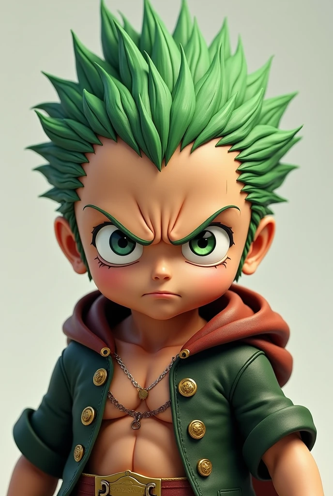 hyper realistic 4D caricature with a super big head, a young Indonesian man, a man with green hair, wearing a one peace character zoro outfit, and a pirate ship, solid gray background, smooth texture, carrying a sword, soft lighting