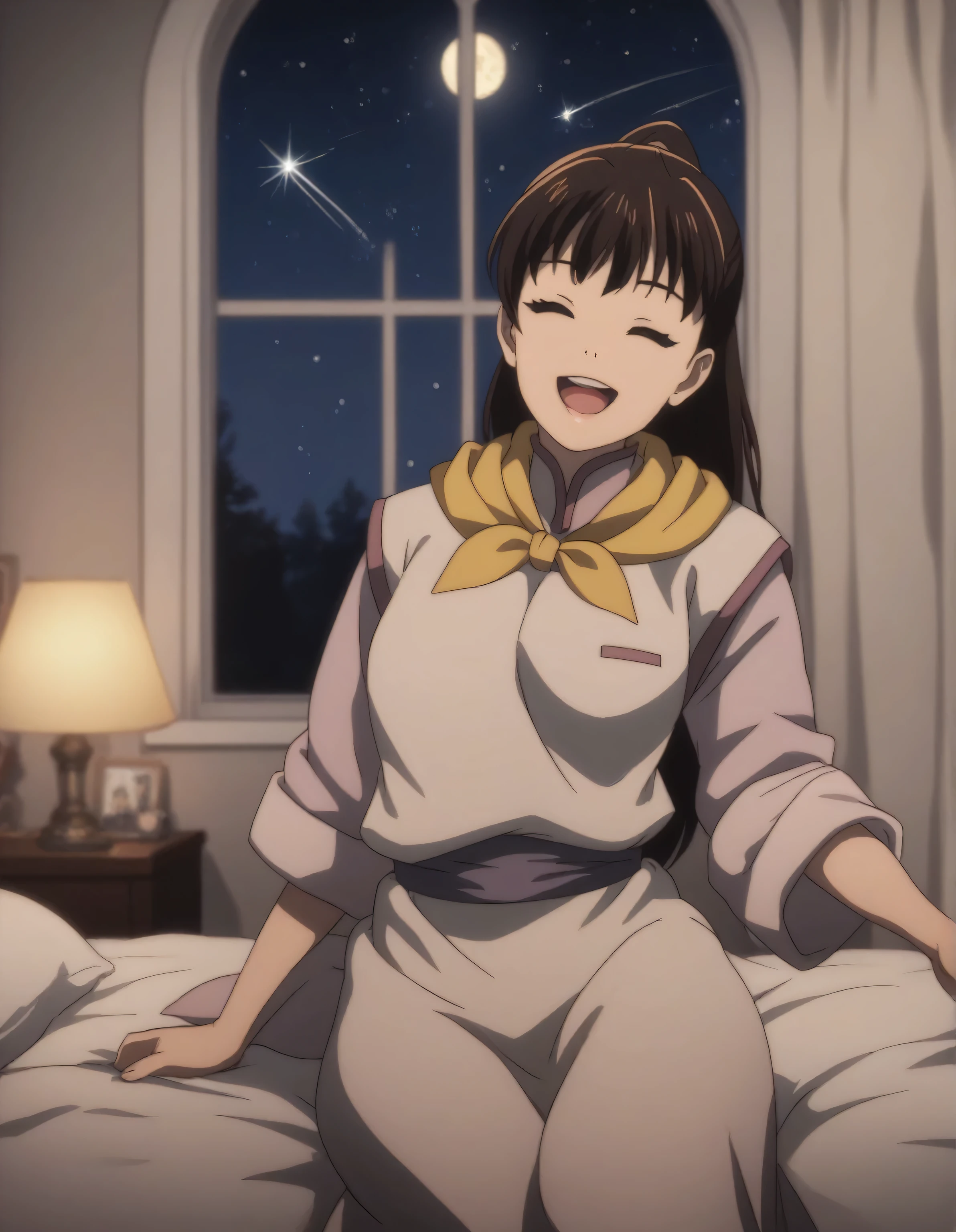 score_9,  score_8_up, score_7_up, gsfghtr, multicolored robe, neckerchief,
cinematic Lighting, 1girl,solo,sleep on the bed,smile, open mouth,window, moon, shooting stars